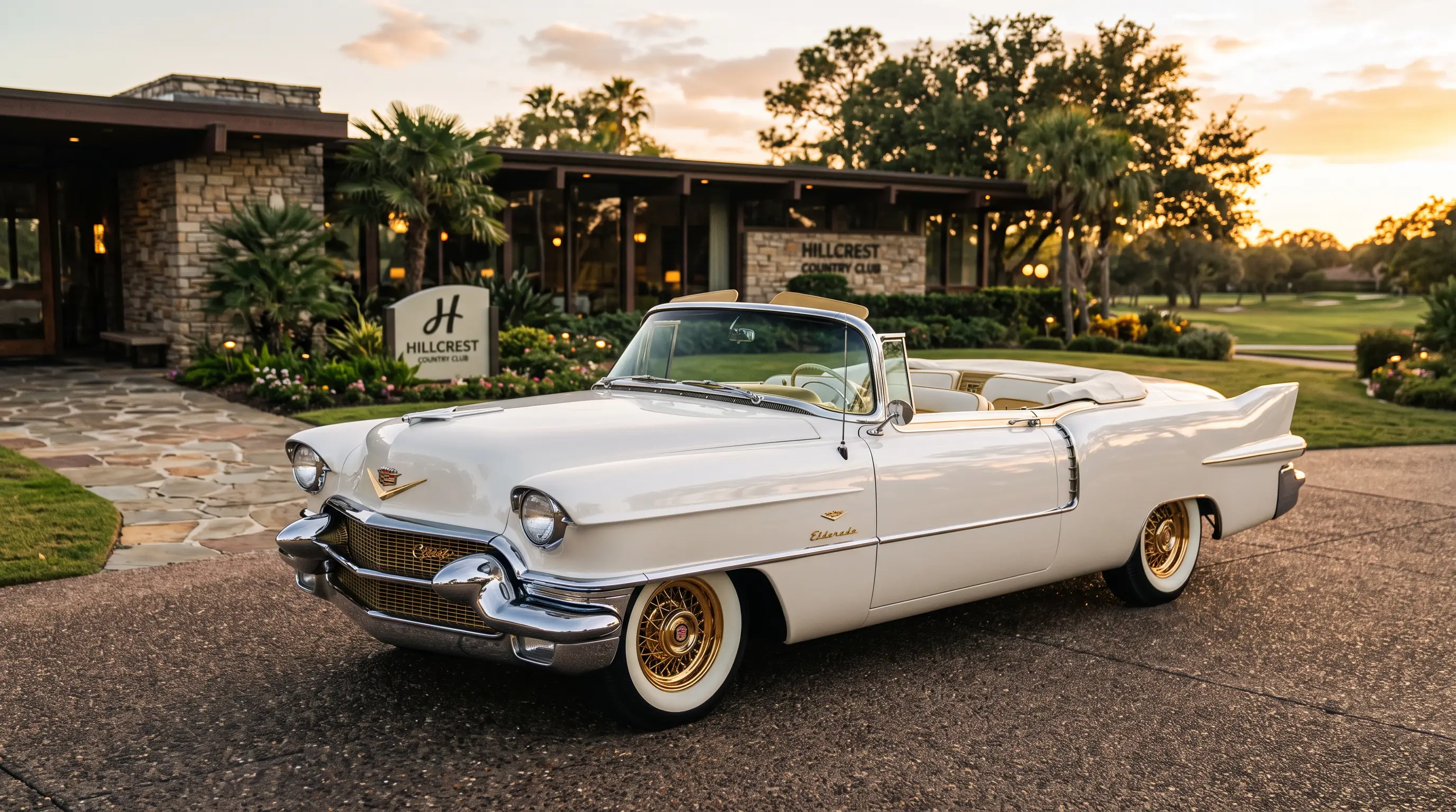 1956 Cadillac Eldorado Biarritz convertible outside a country club at golden hour