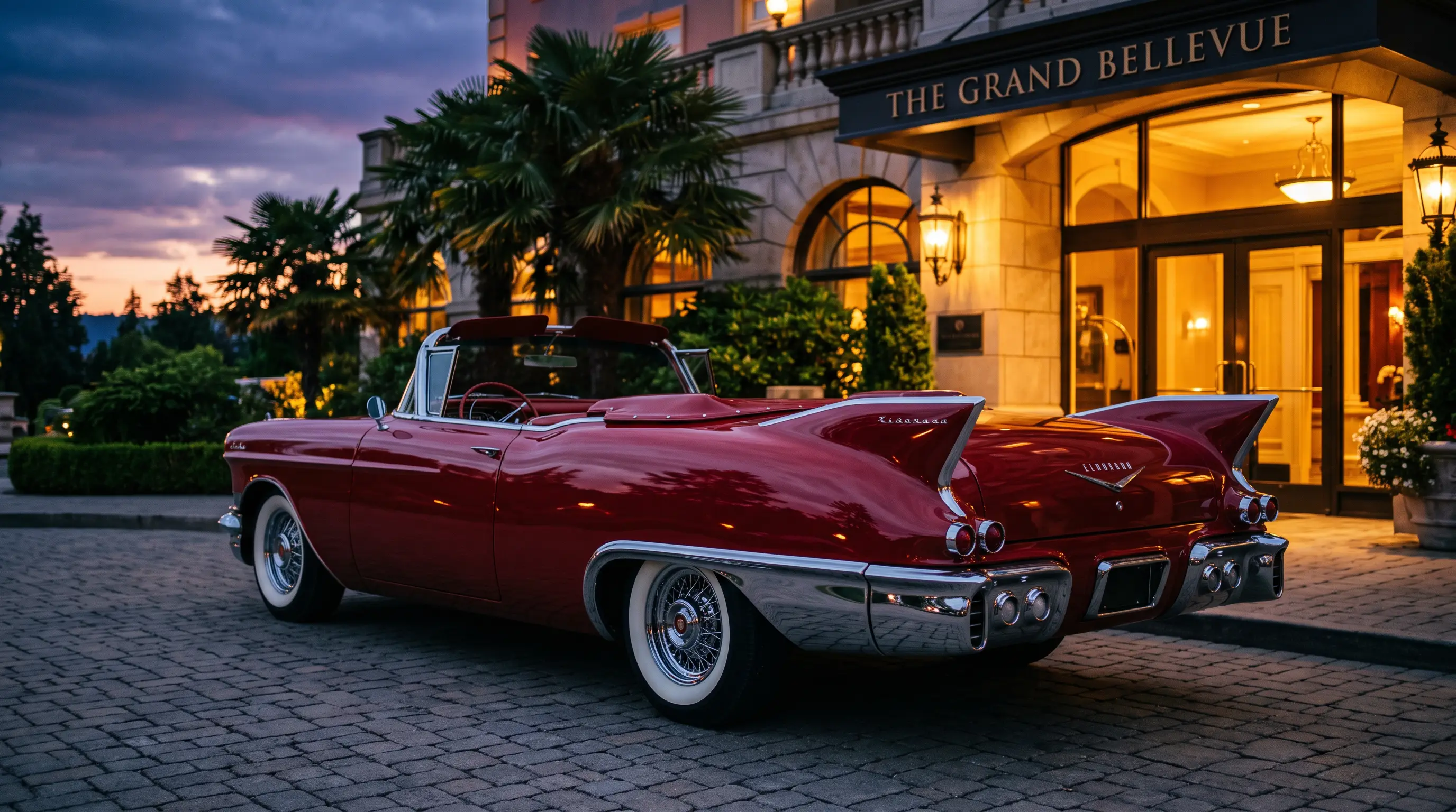 1957 Cadillac Eldorado Biarritz with quad headlights at a luxury hotel entrance