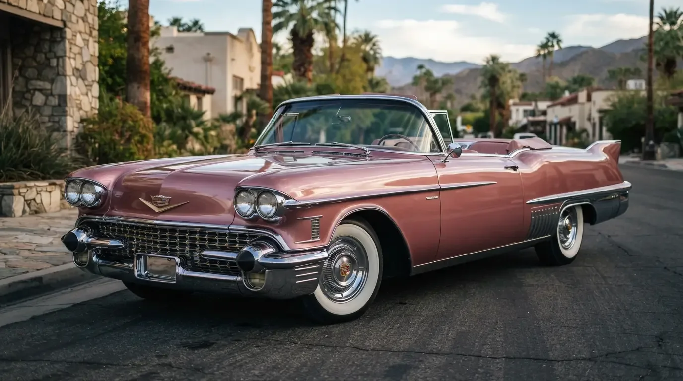 1958 Cadillac Eldorado with heavy chrome trim, front three-quarter view