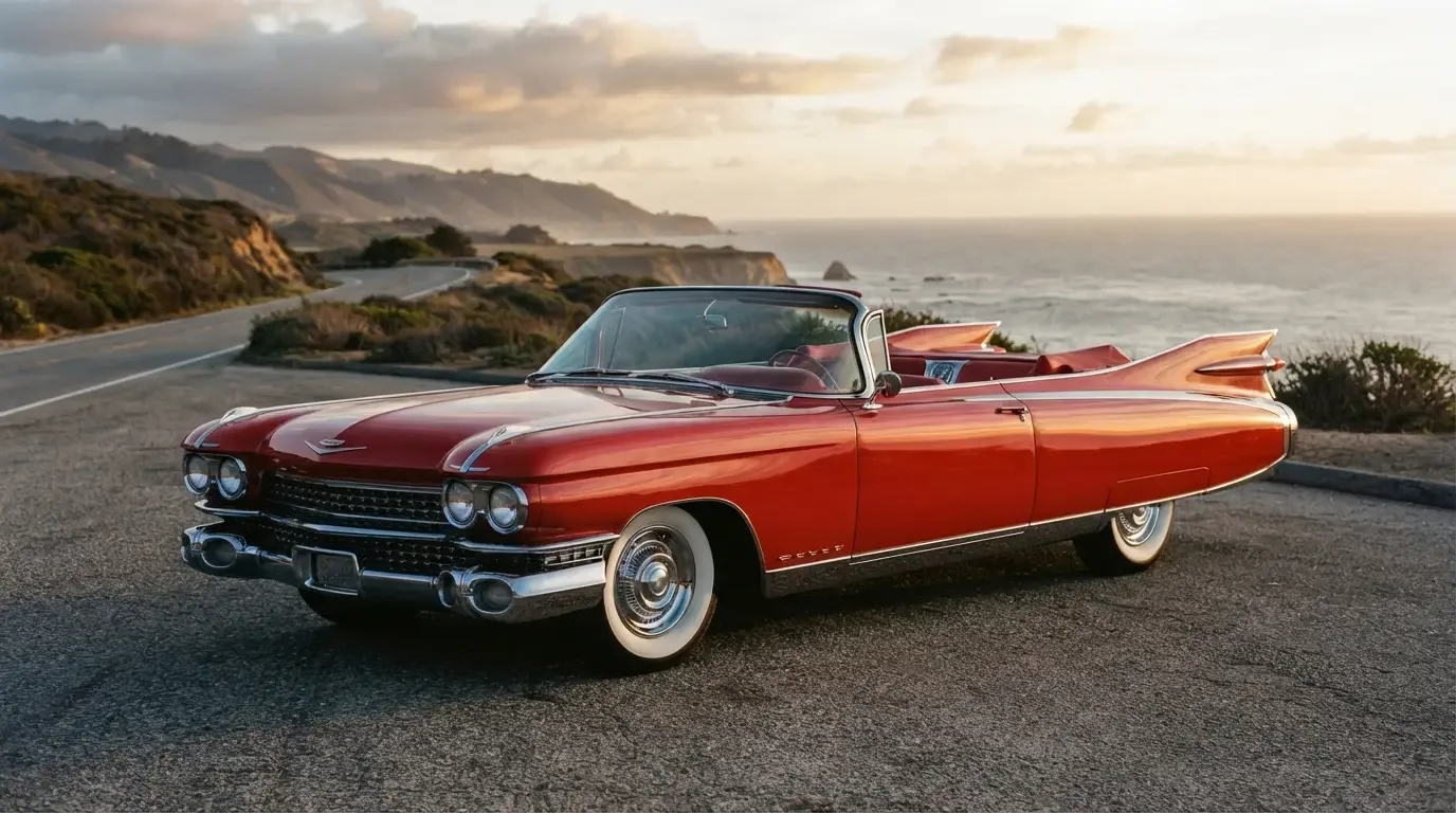1959 Cadillac Eldorado showing its towering tailfins, front three-quarter view