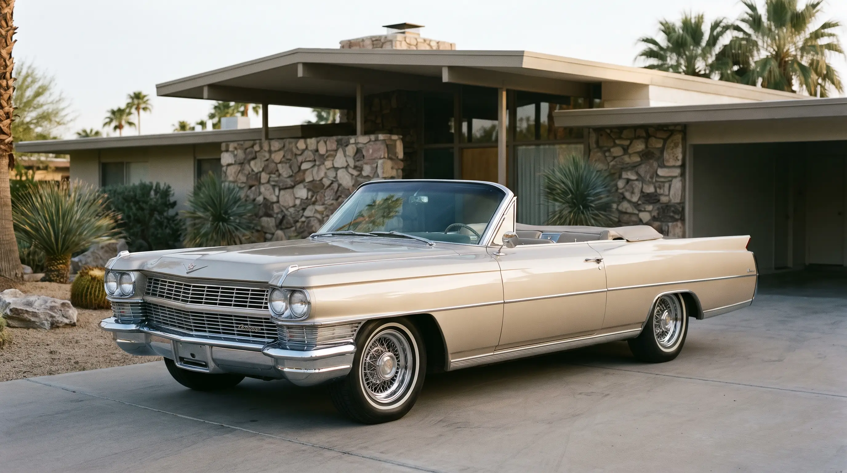 Champagne 1964 Cadillac Eldorado Biarritz convertible top down at an estate
