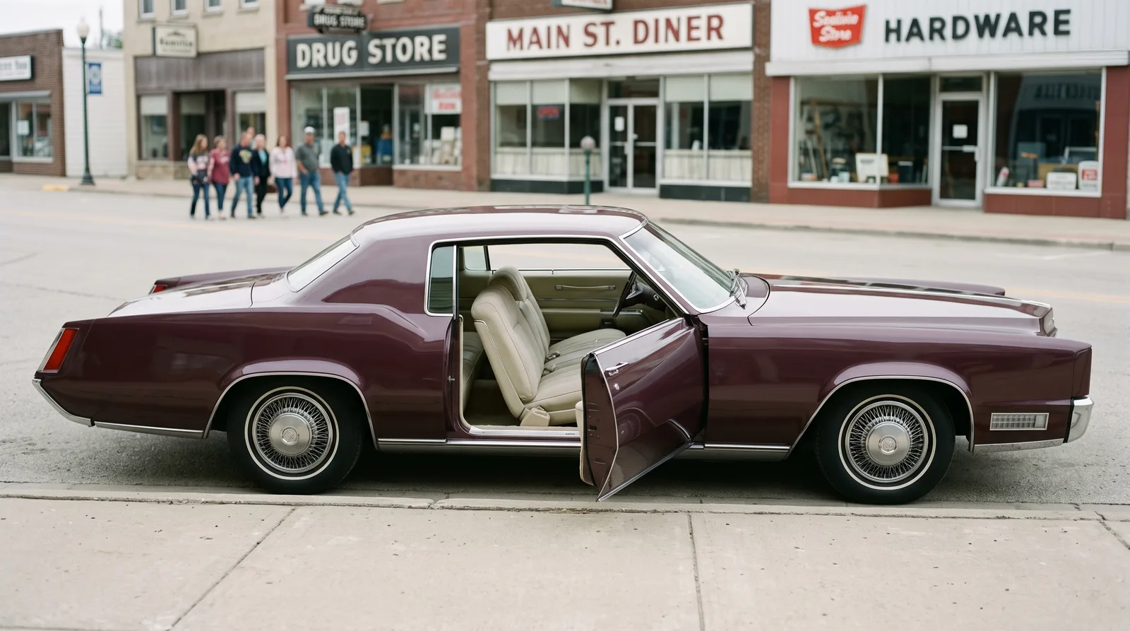 1967 Cadillac Eldorado — door open on a small-town main street