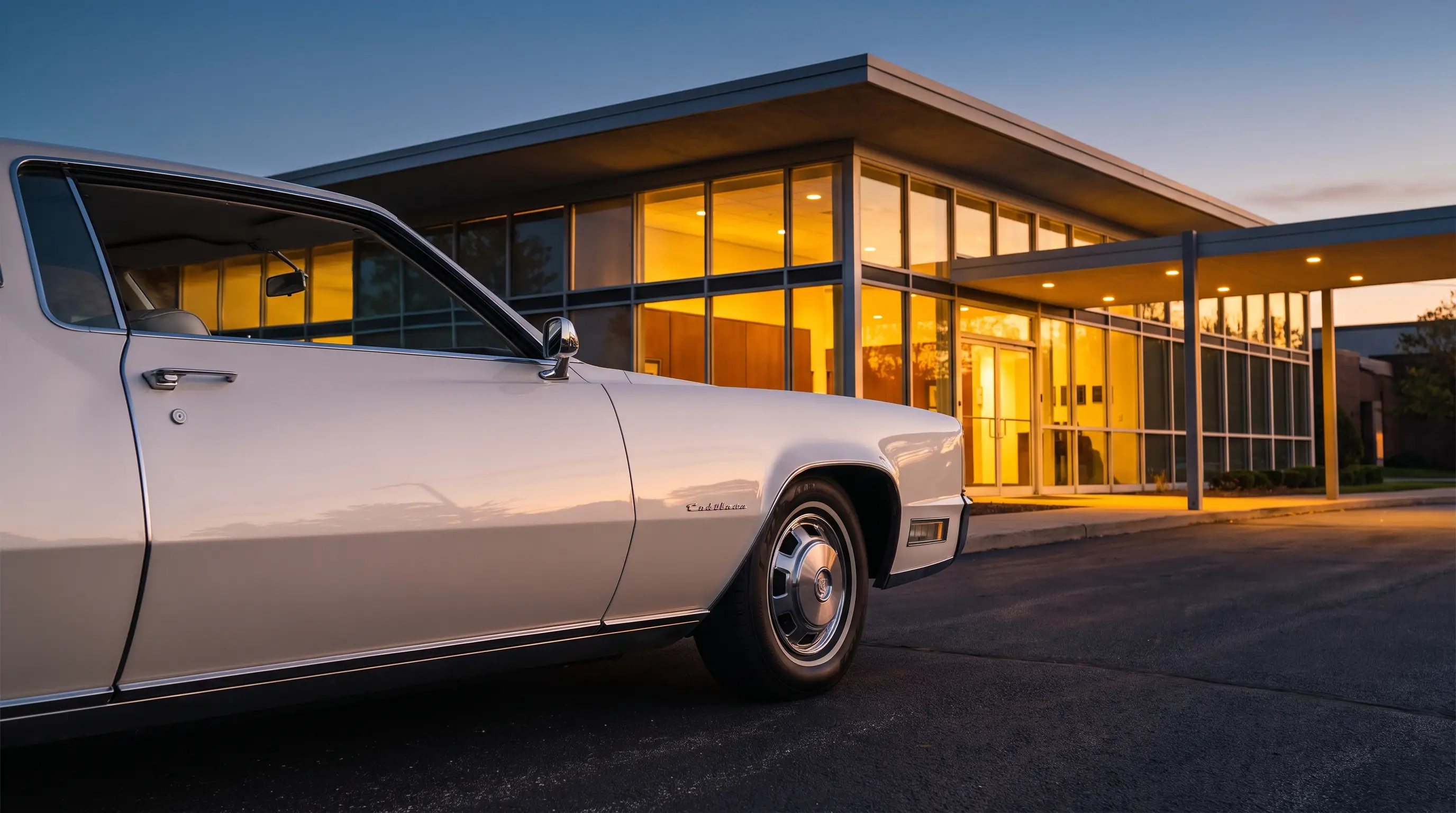 Pearl white 1967 Cadillac Eldorado showing razor edge styling beside a glass building at dusk