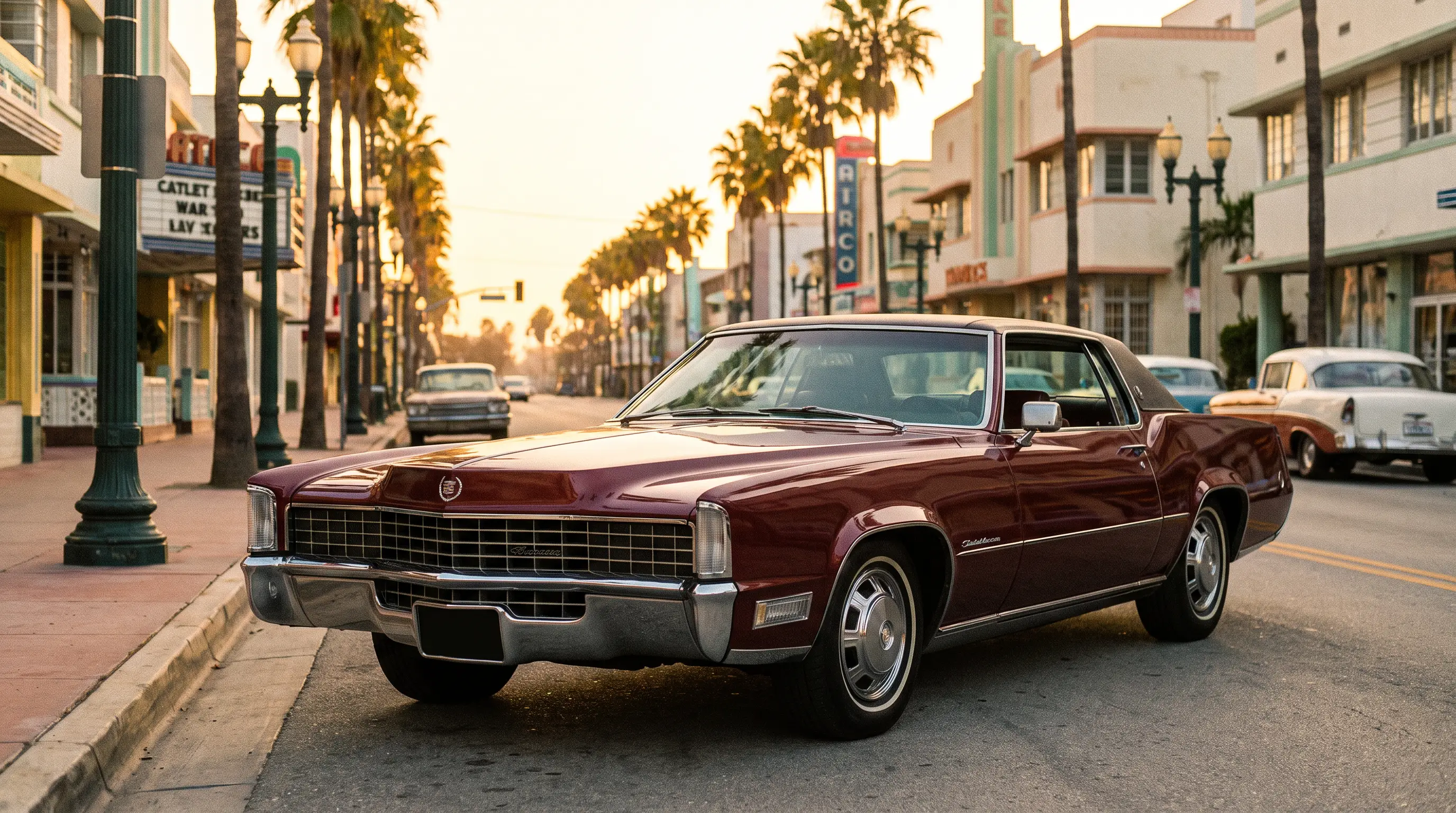 1970 Cadillac Eldorado coupe on a boulevard at golden hour