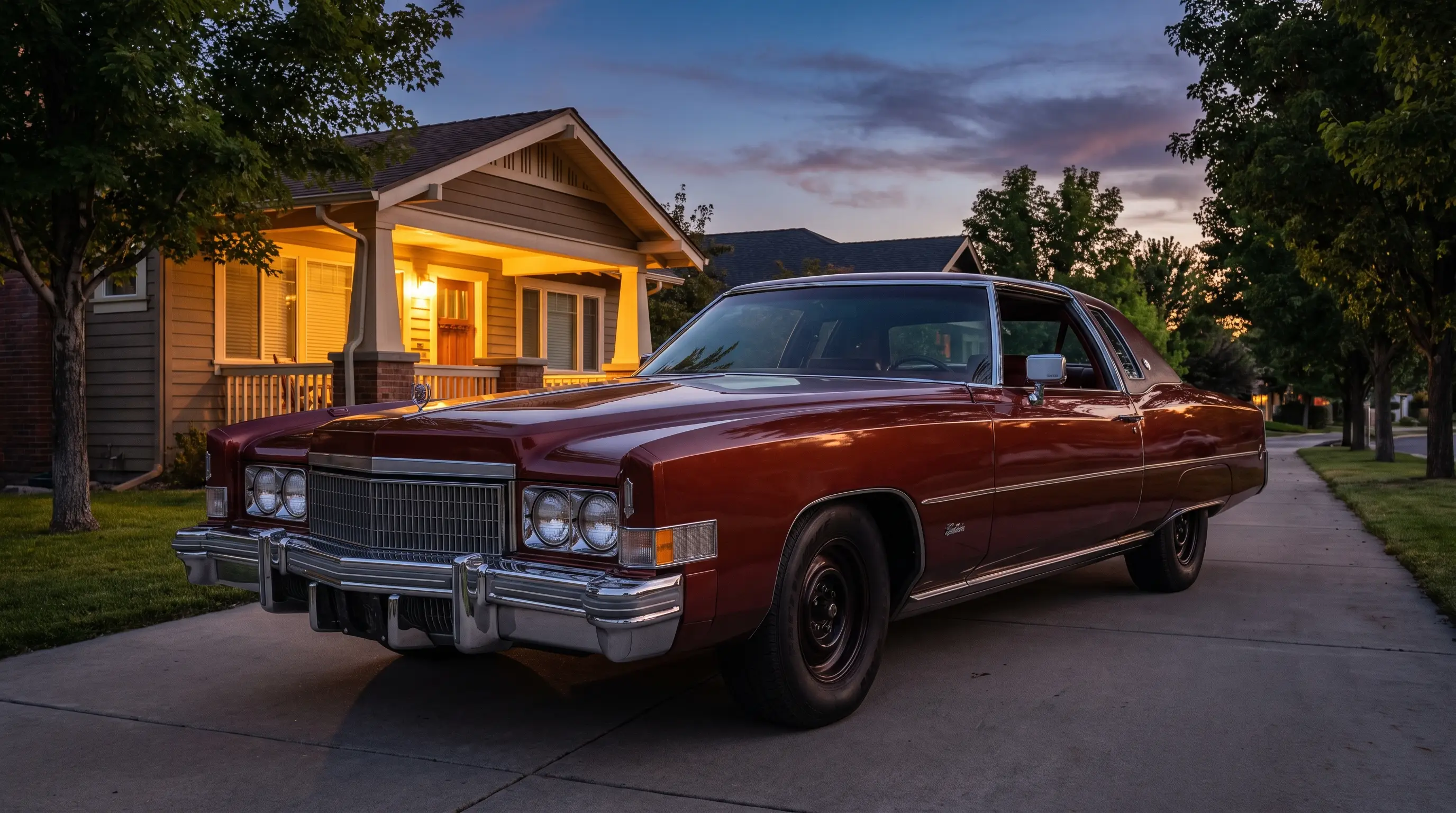 Massive dark 1974 Cadillac Eldorado coupe with opera windows parked at dusk