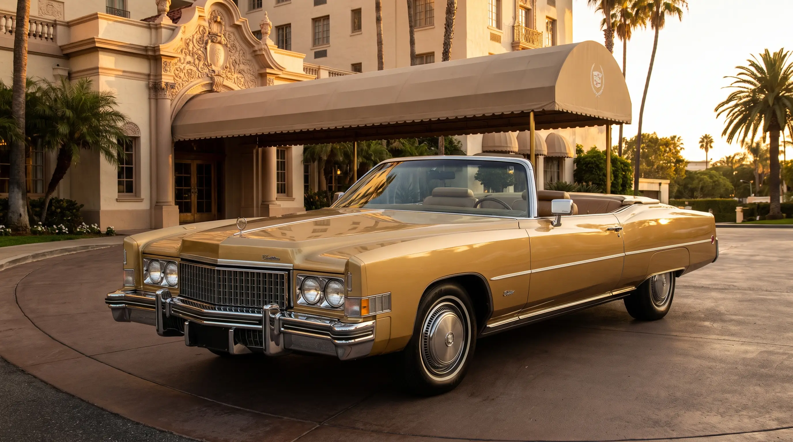 Gold 1973 Cadillac Eldorado convertible top down outside a grand 1970s hotel entrance