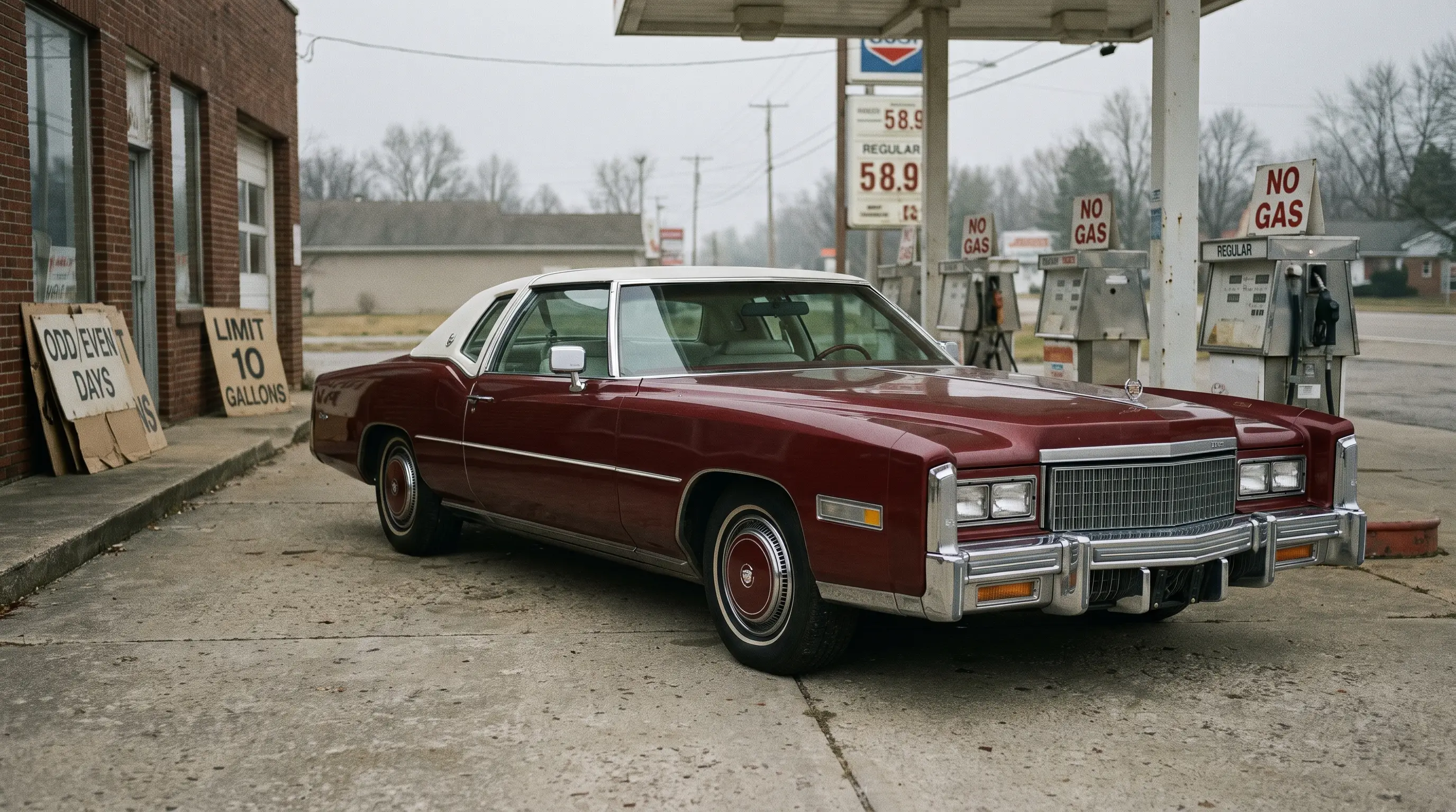 Burgundy 1975 Cadillac Eldorado coupe parked at a period gas station under overcast light