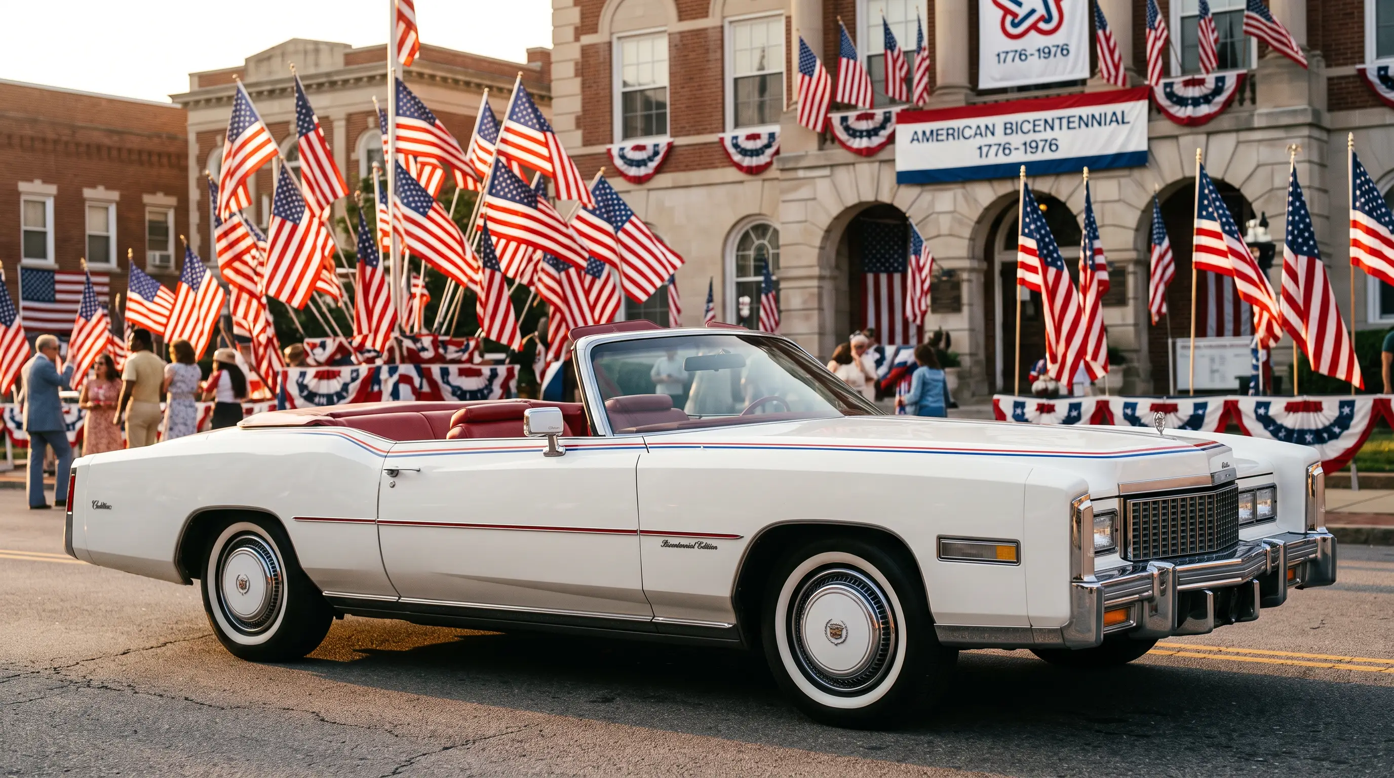 White 1976 Cadillac Eldorado Bicentennial convertible with red and blue pinstripes near a flag display