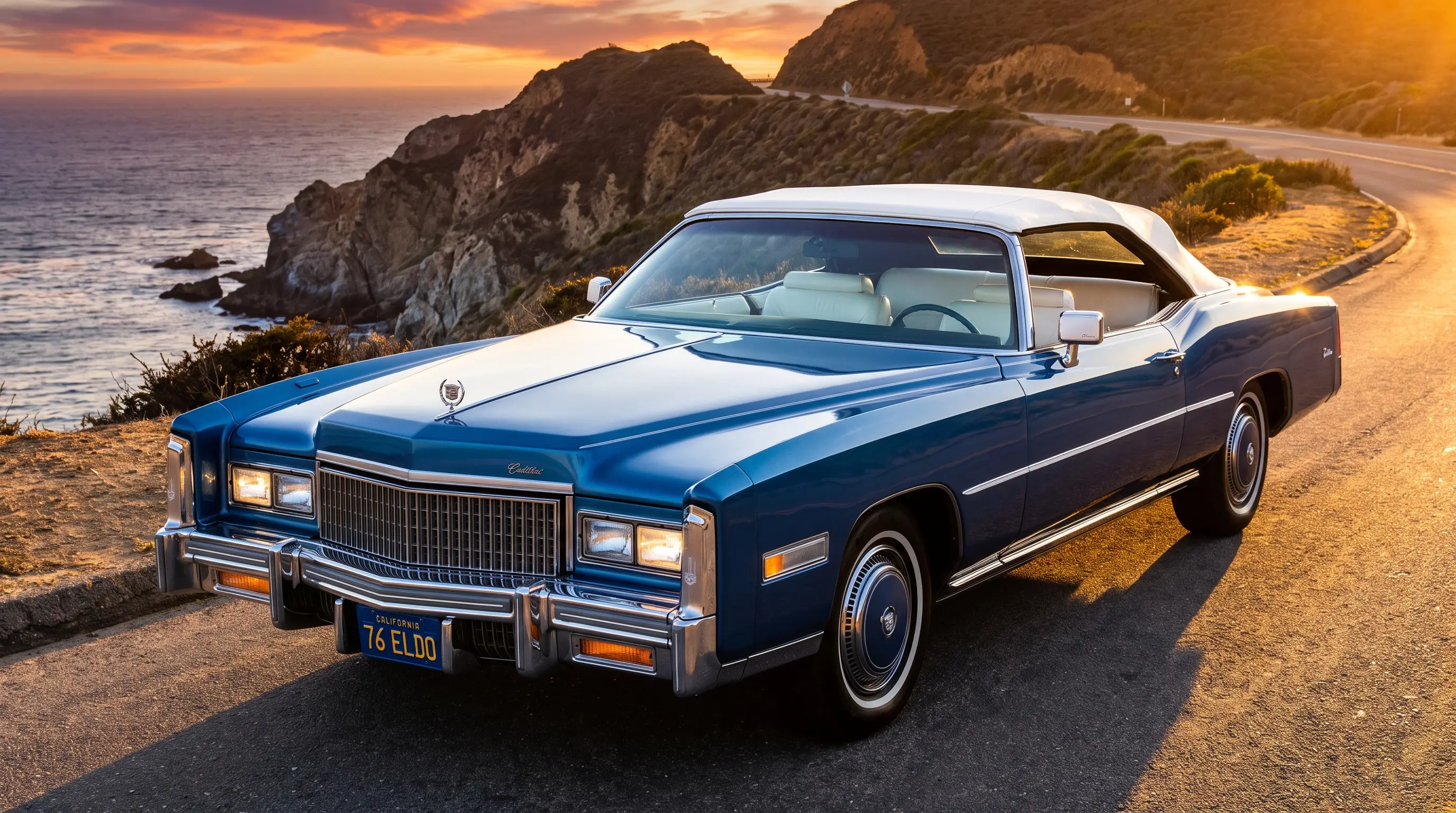 Deep blue 1976 Cadillac Eldorado convertible with white top on a coastal overlook road