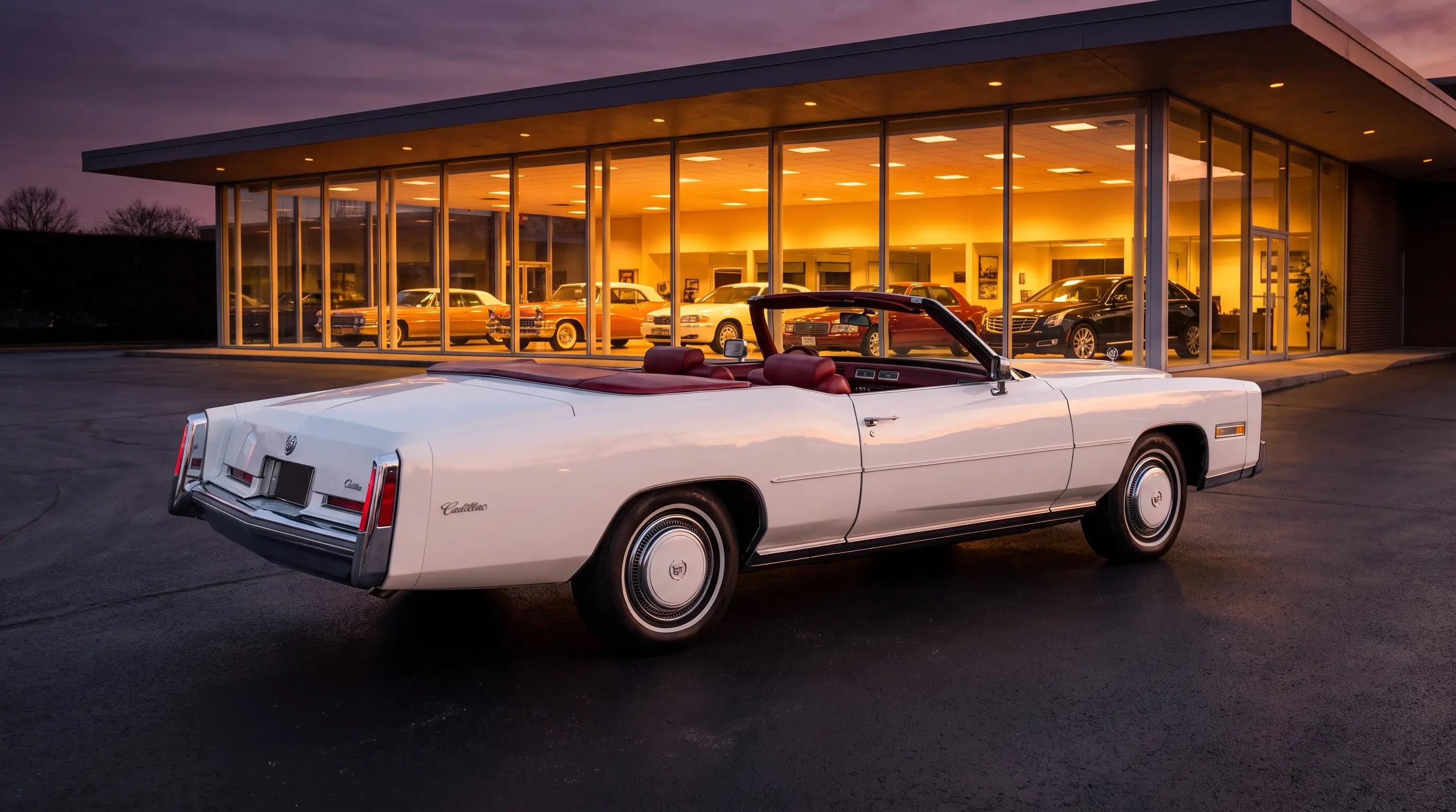 1976 Cadillac Eldorado convertible in white outside a dealership at dusk