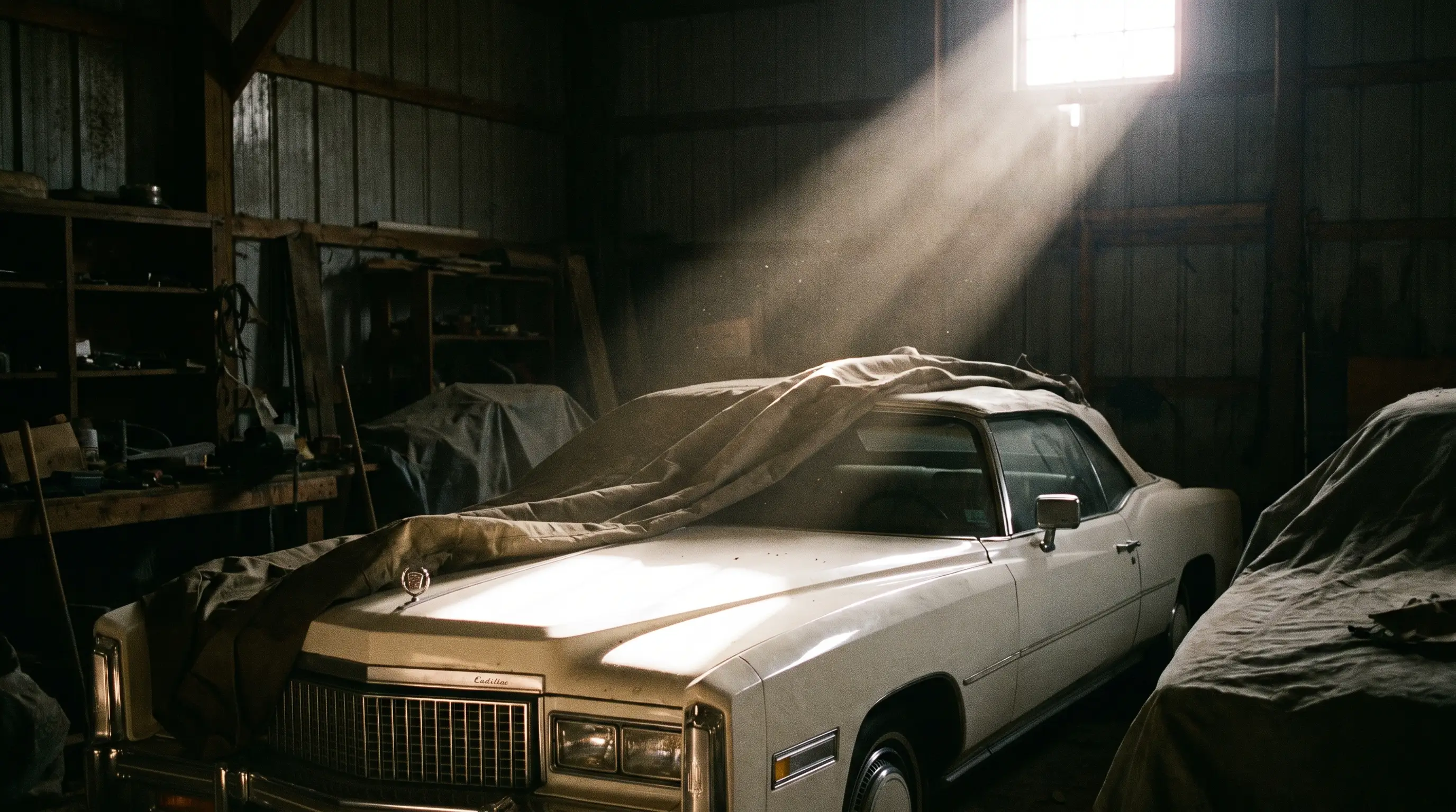 White 1976 Cadillac Eldorado convertible under a partly lifted car cover in a dim garage