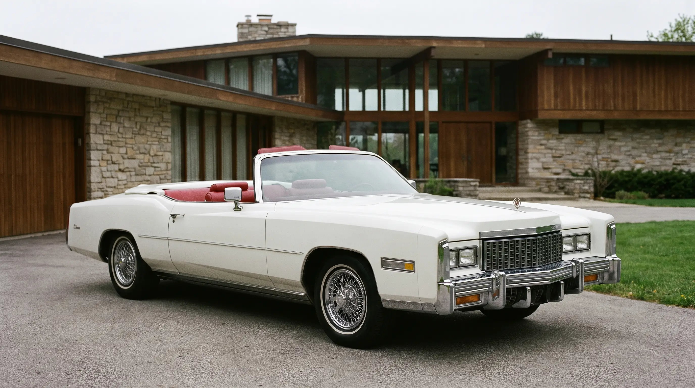 White 1976 Cadillac Eldorado convertible parked at a grand mansion driveway