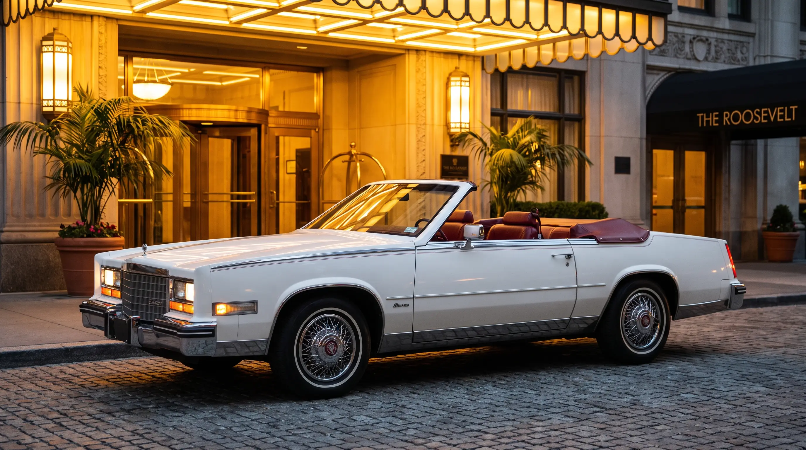 White 1984 Cadillac Eldorado Biarritz convertible parked outside a glamorous hotel at dusk