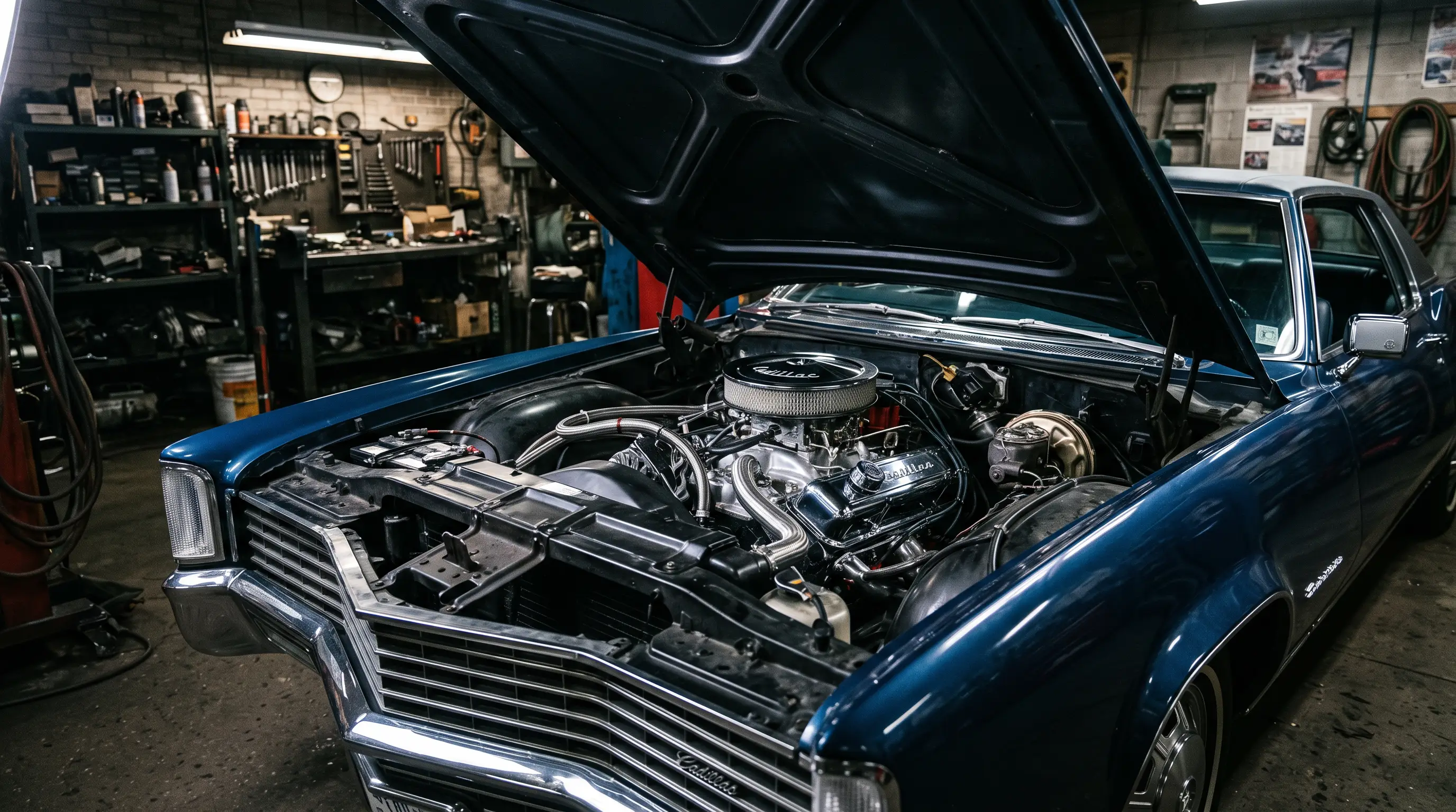 Cadillac Eldorado with hood open showing a polished 472 V8 engine