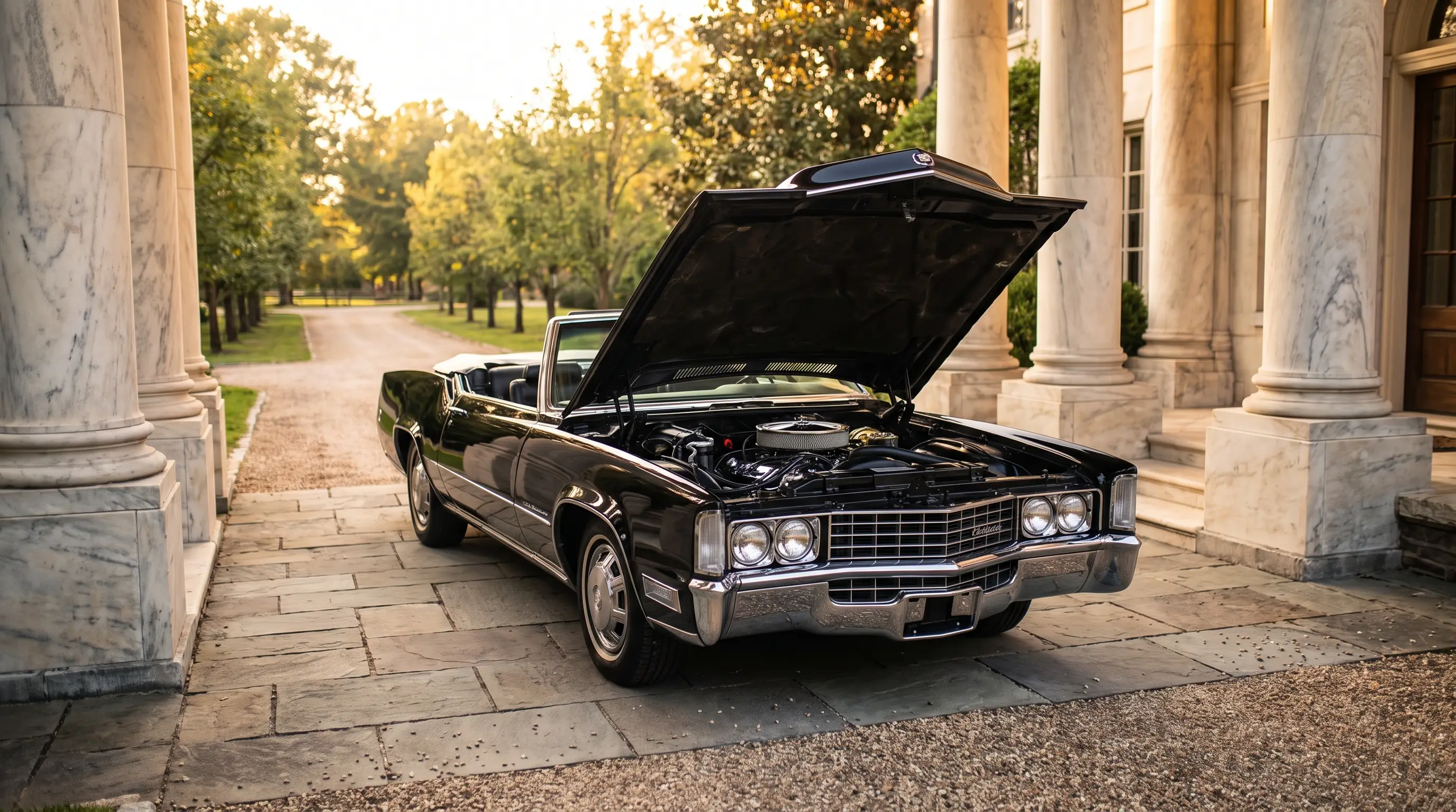 Black 1970 Cadillac Eldorado with hood open showing its big V8 at a grand estate