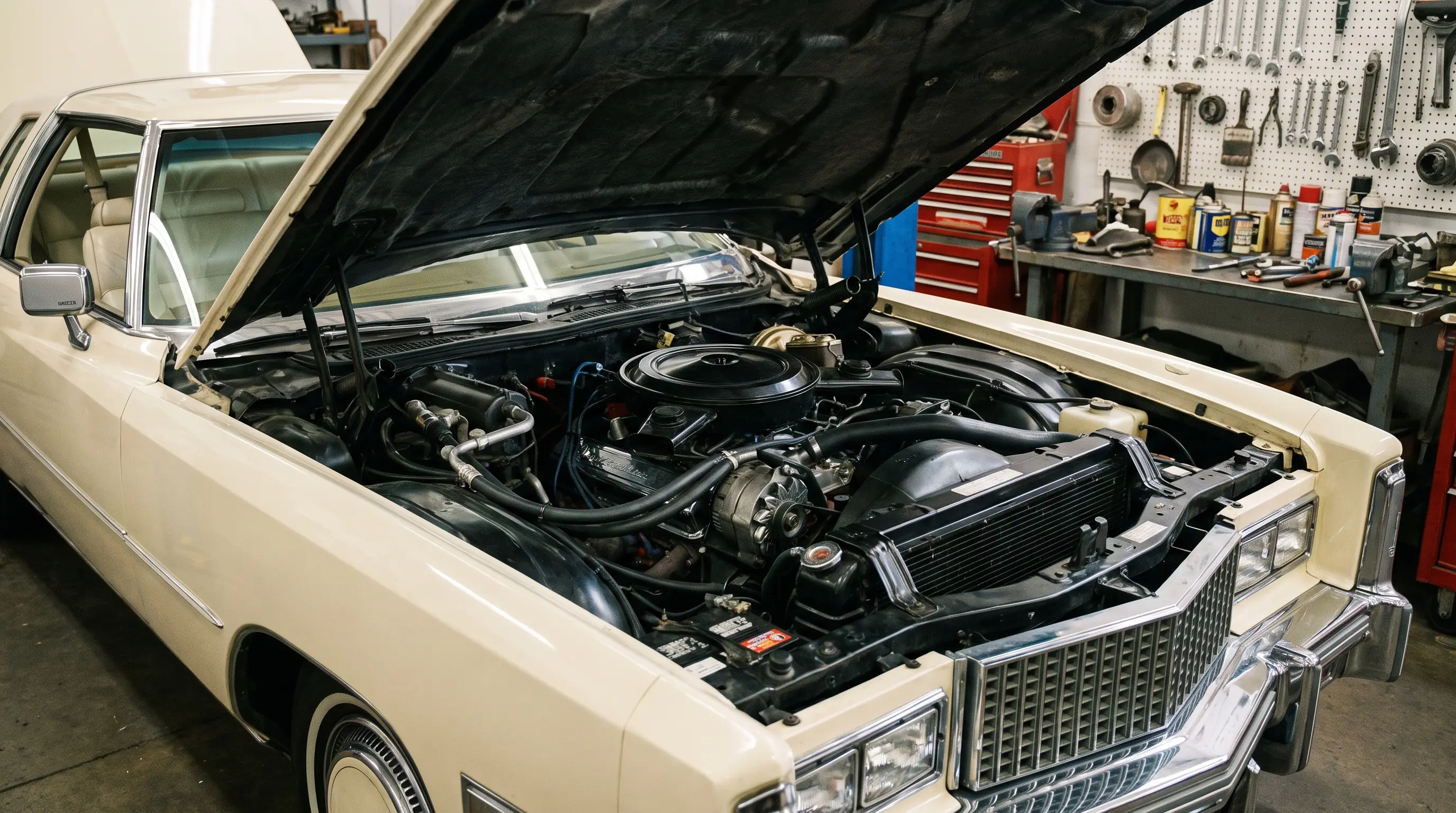 Cream Cadillac Eldorado with open hood revealing large V8 engine