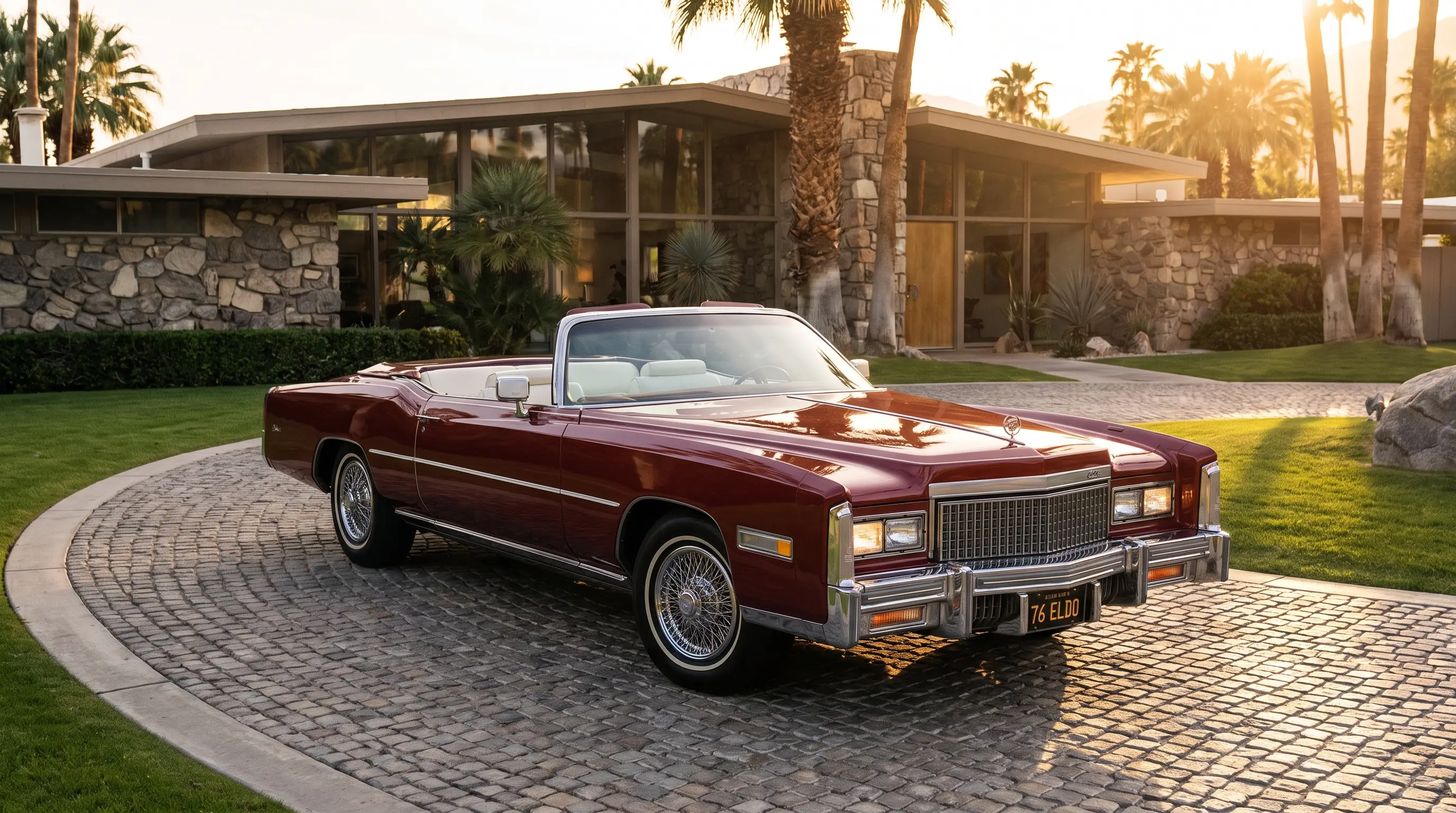 Cadillac Eldorado convertible with big V8 hood in front of a mansion at golden hour