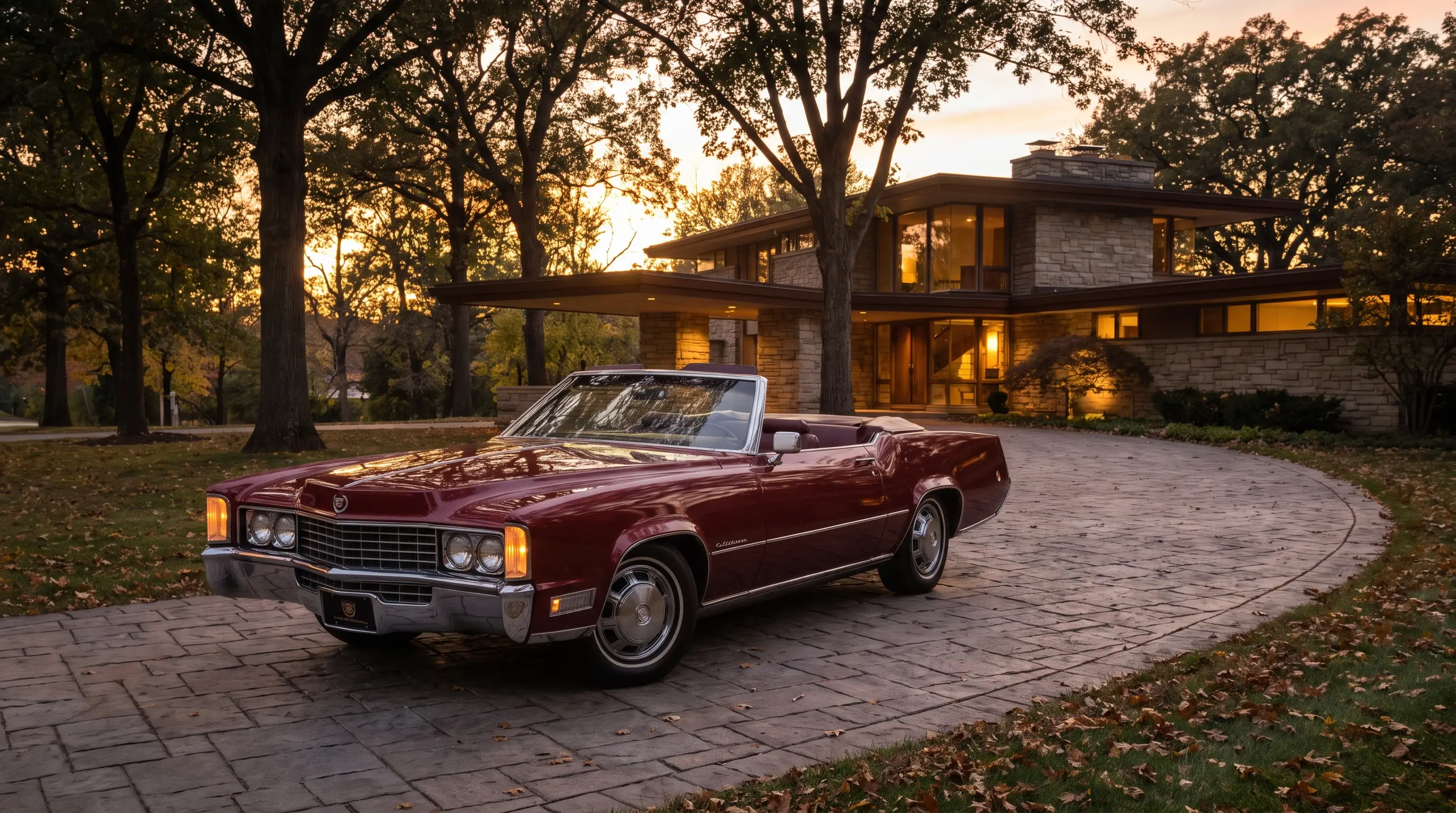 Maroon 1970 Cadillac Eldorado parked outside a grand estate at dusk