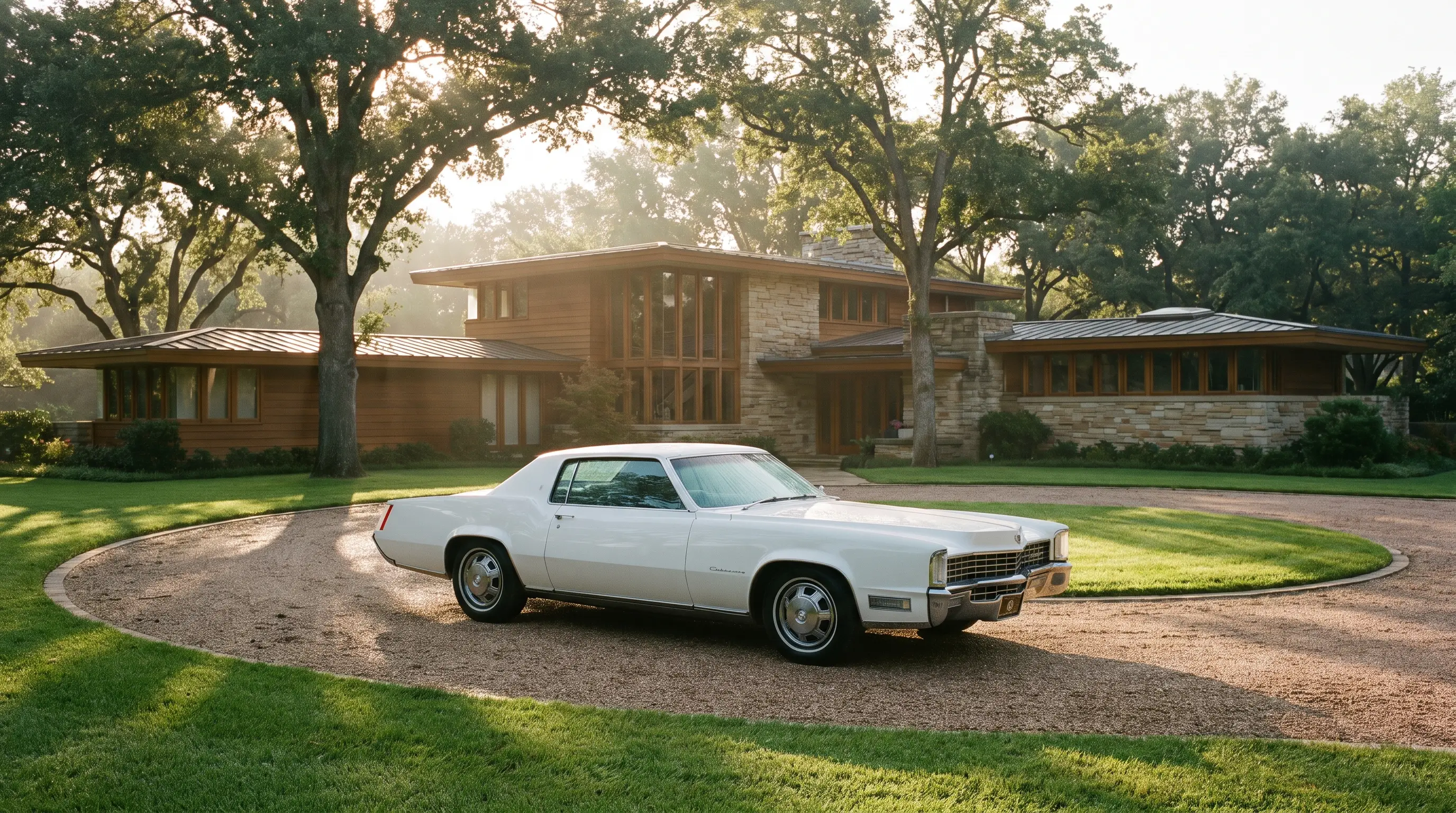 White 1967 Cadillac Eldorado in the driveway of a grand American mansion