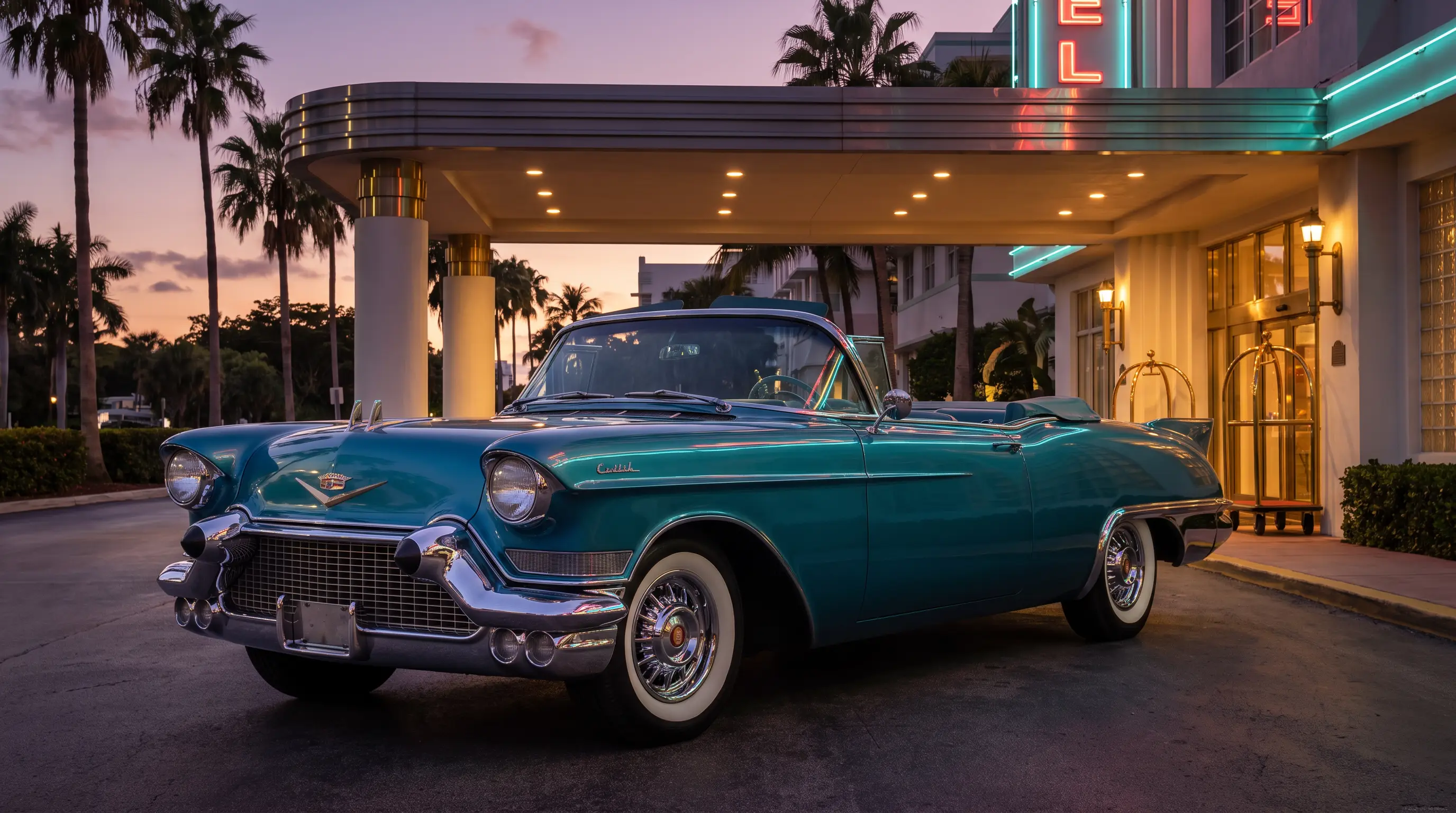 1957 Cadillac Eldorado Biarritz convertible at a glamorous hotel entrance at dusk