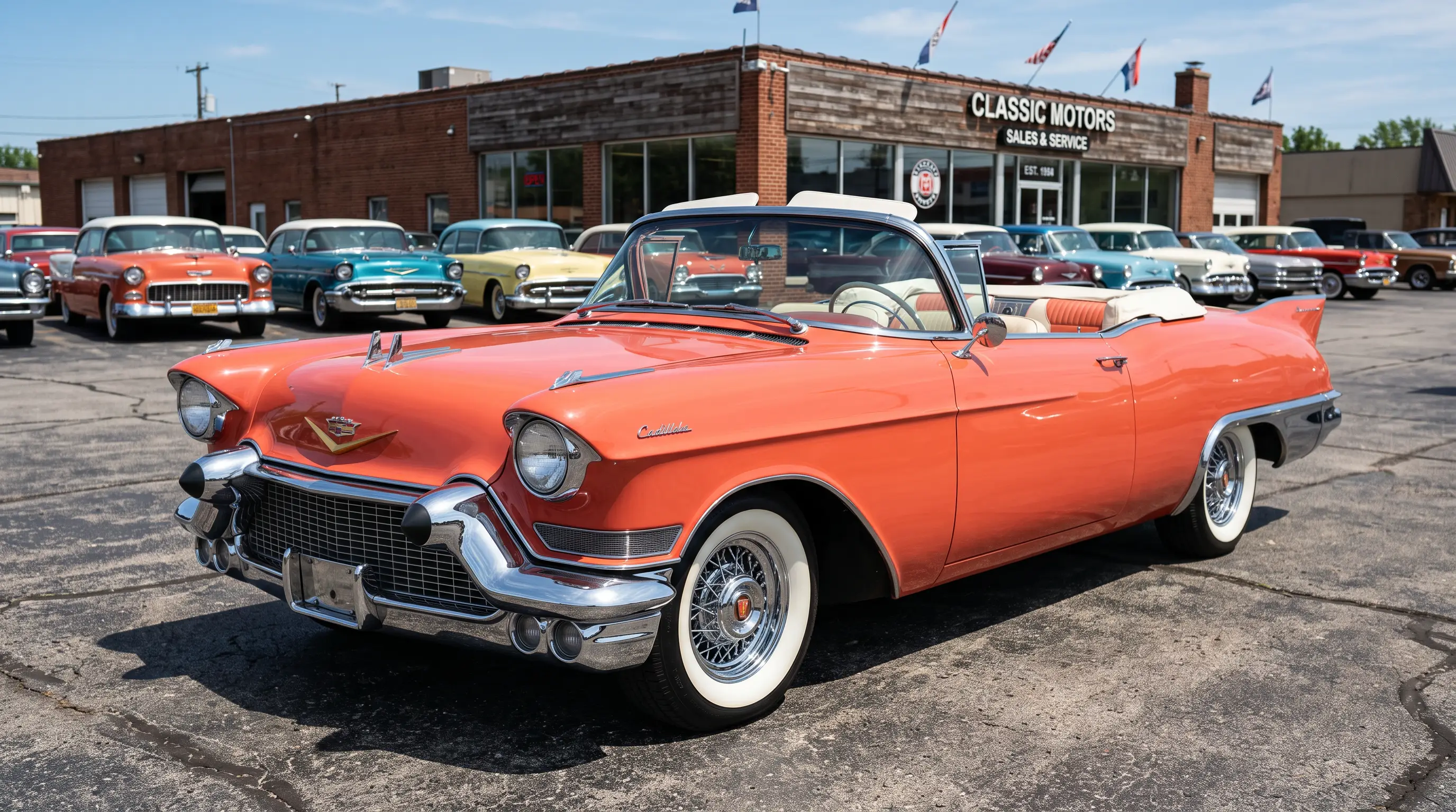 Coral Cadillac Eldorado Biarritz on a sunny classic car dealership lot
