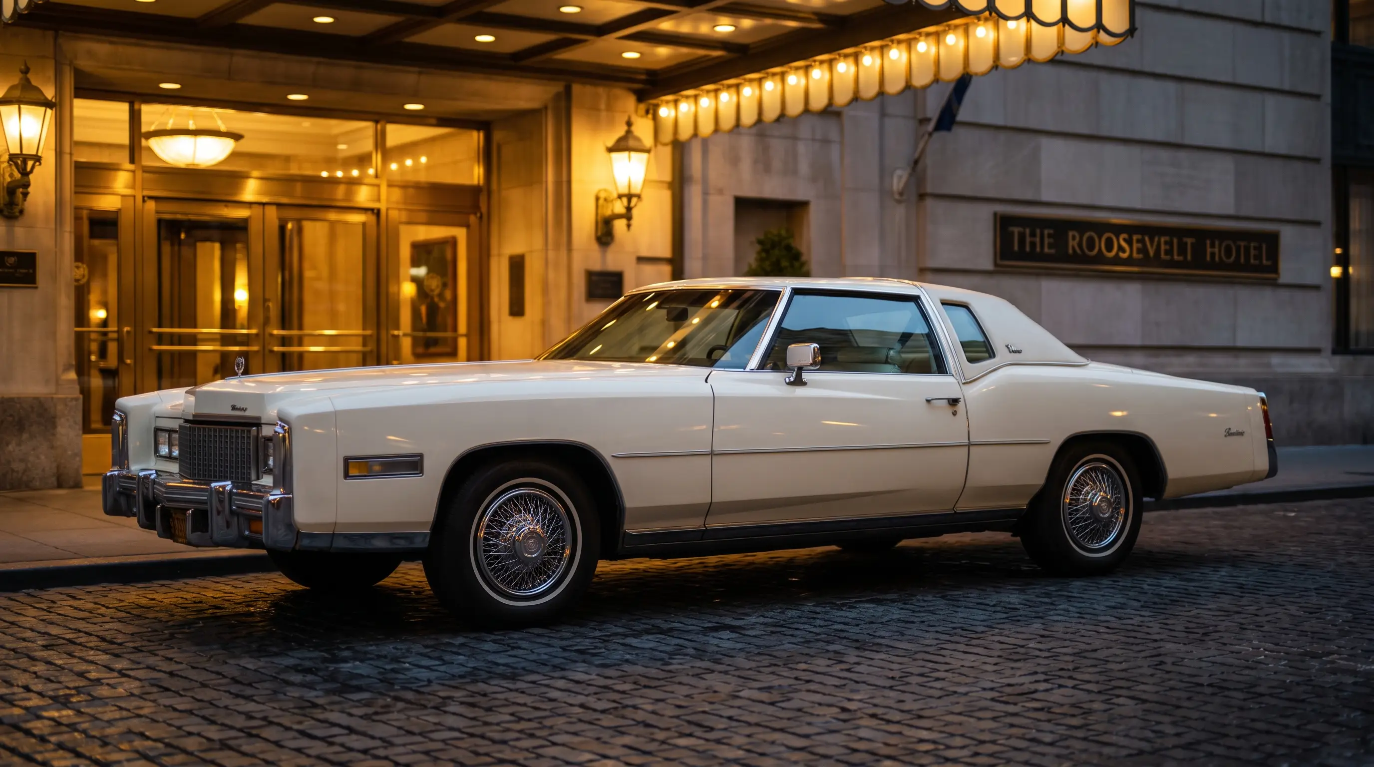 Cream Cadillac Eldorado Biarritz coupe with landau roof parked at a hotel entrance at dusk