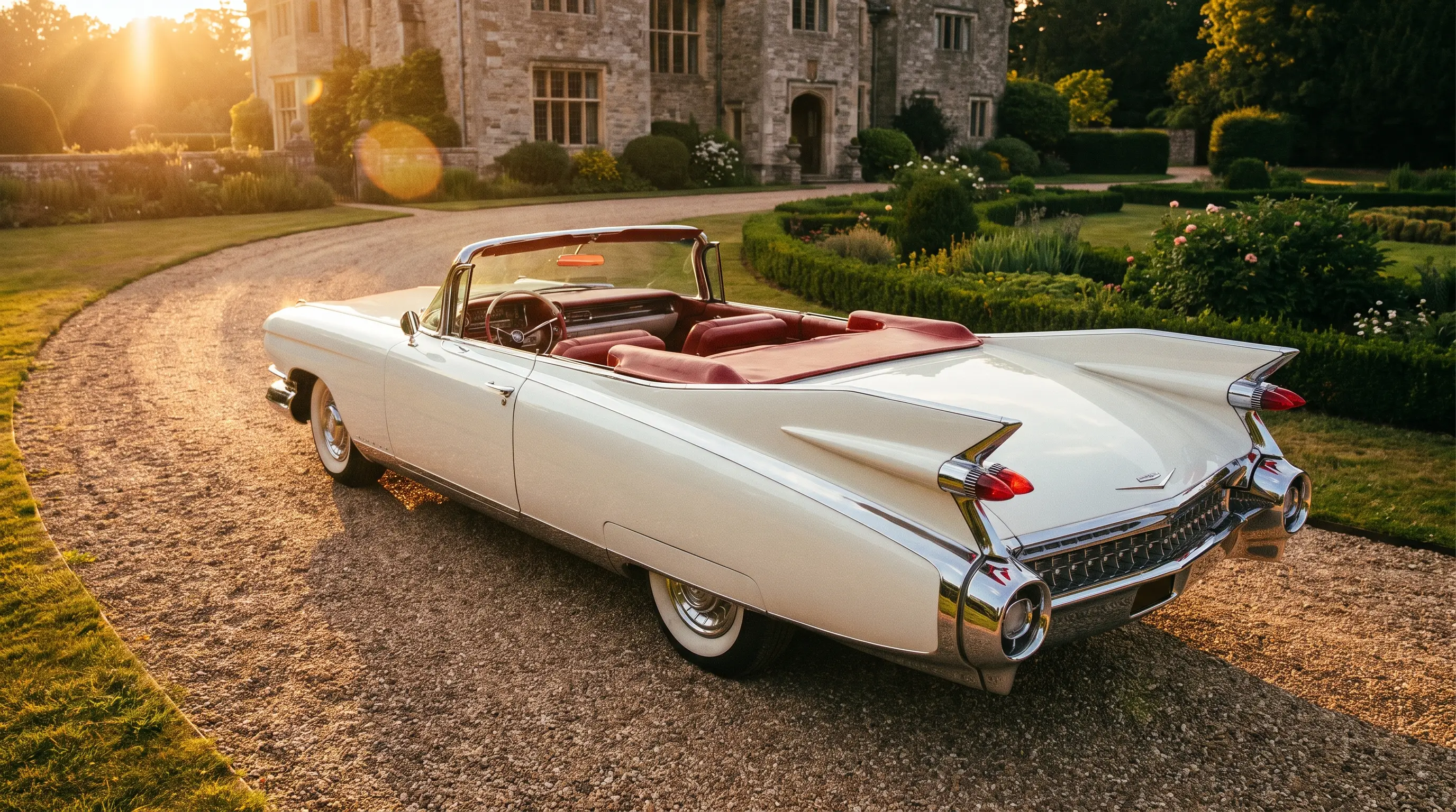 1959 Cadillac Eldorado Biarritz convertible with tailfins on an estate driveway