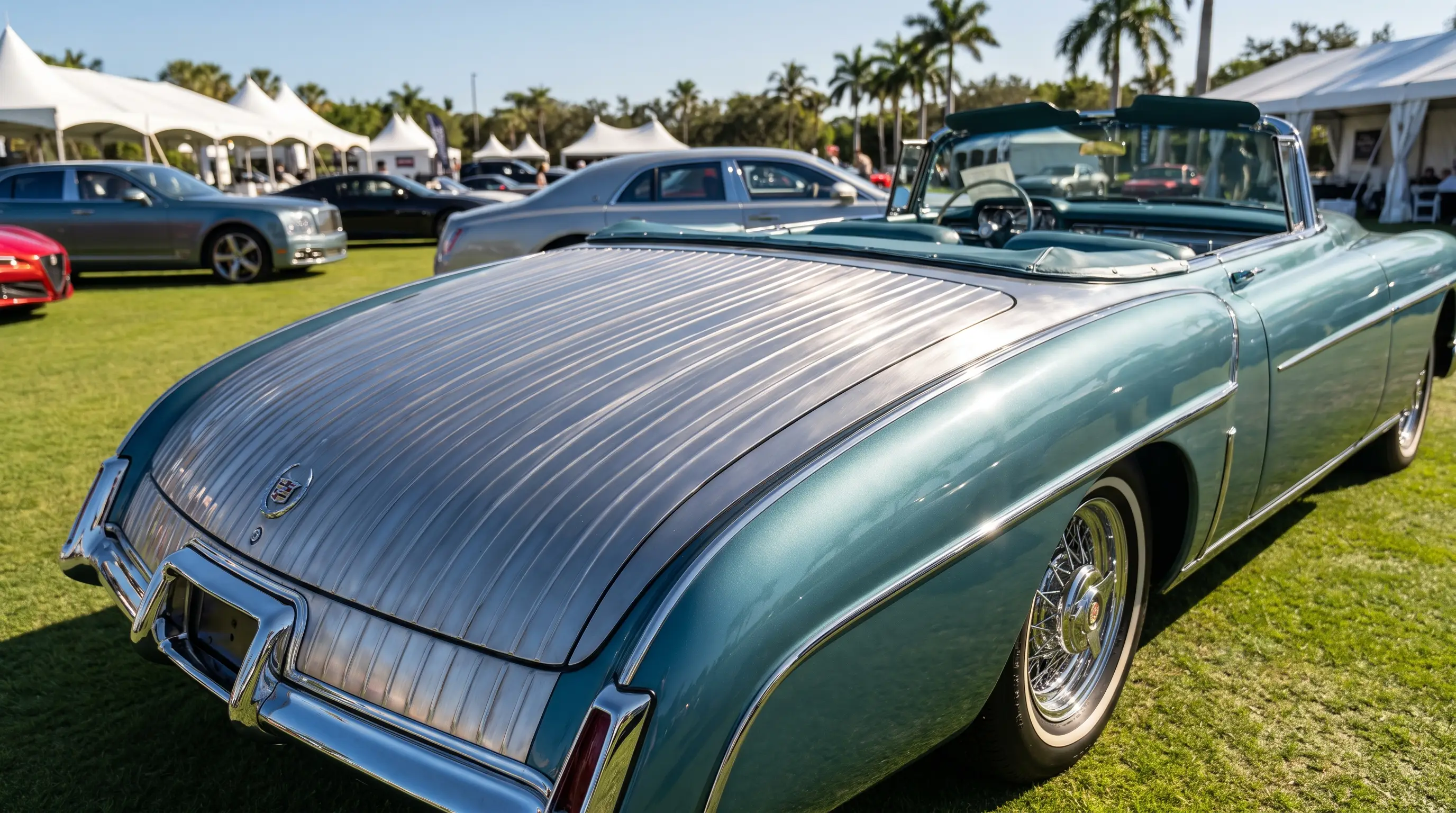 Close view of a Cadillac Eldorado Biarritz stainless deck panel and wheel covers