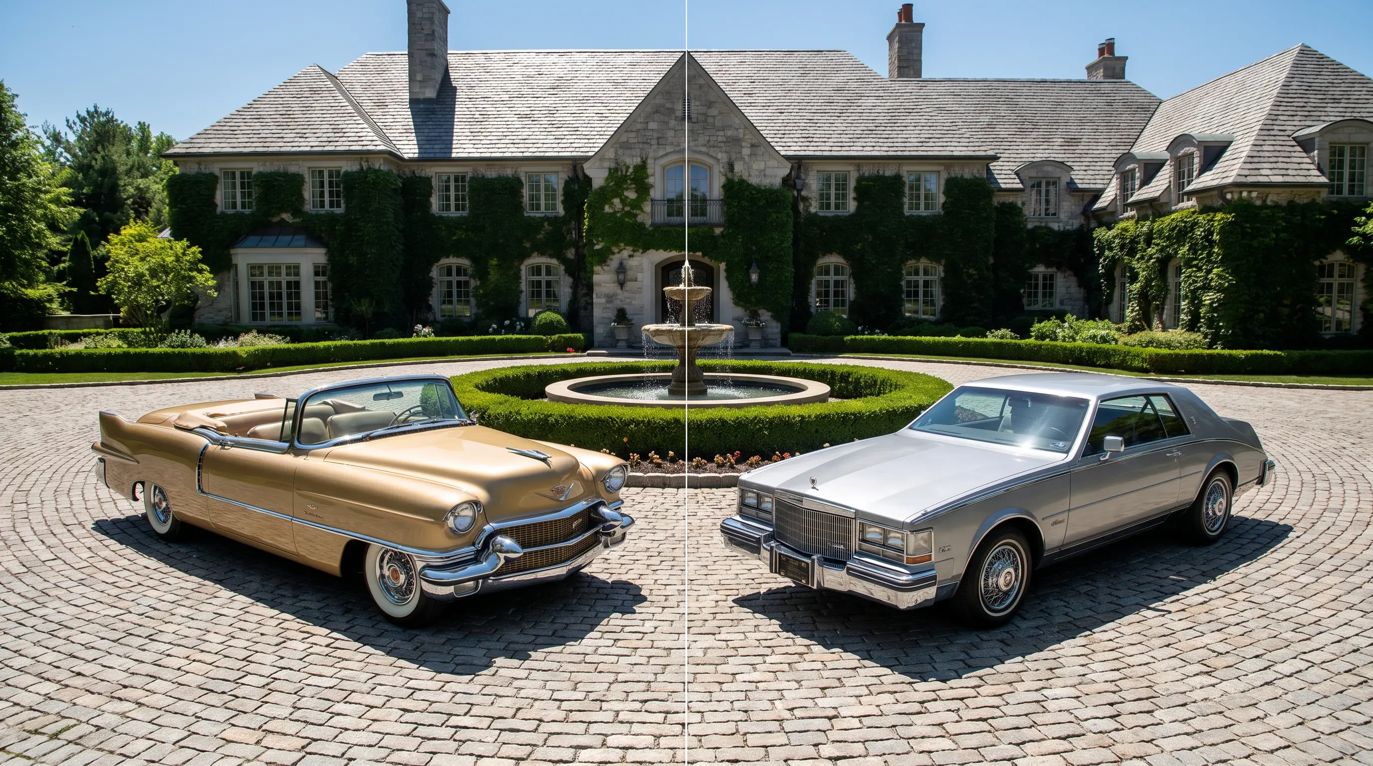Gold Eldorado Biarritz convertible beside a silver Cadillac Seville in a grand driveway