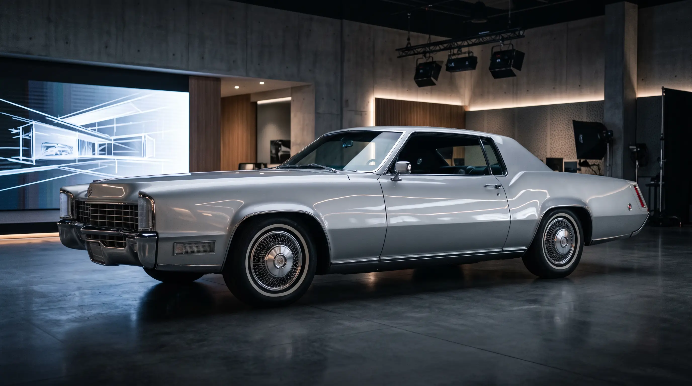 Silver 1967 Cadillac Eldorado with razor edge styling in a moody design studio