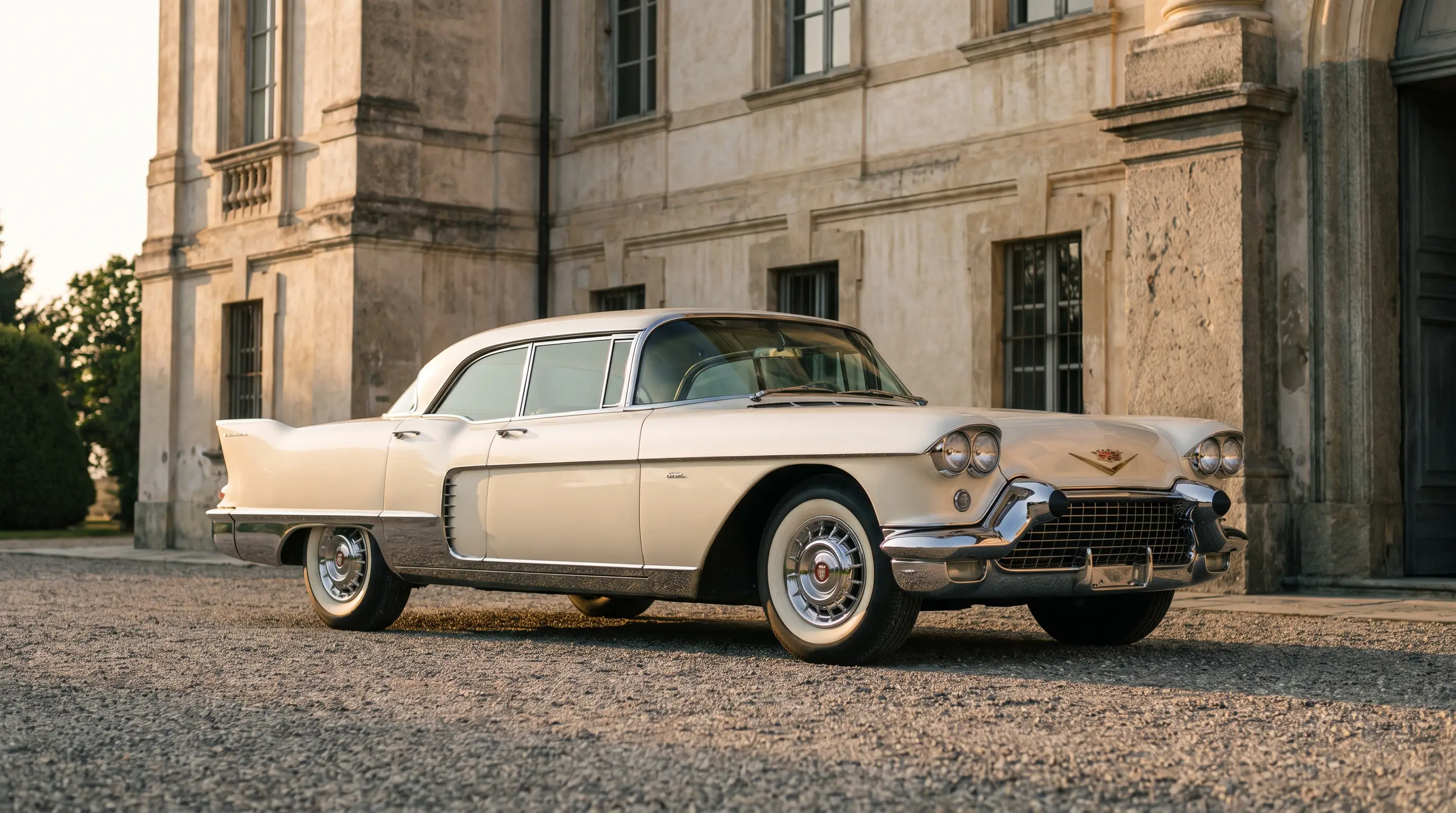 Cream Cadillac Eldorado Brougham with Italian coachwork parked outside a villa