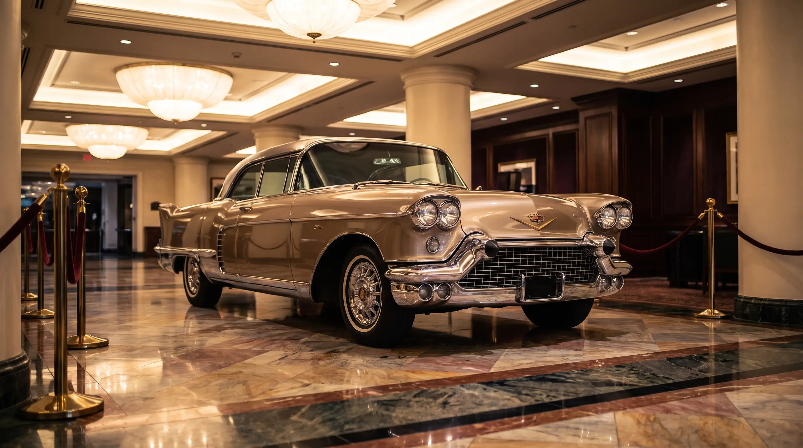 1957 Cadillac Eldorado Brougham with quad headlights in a marble luxury showroom