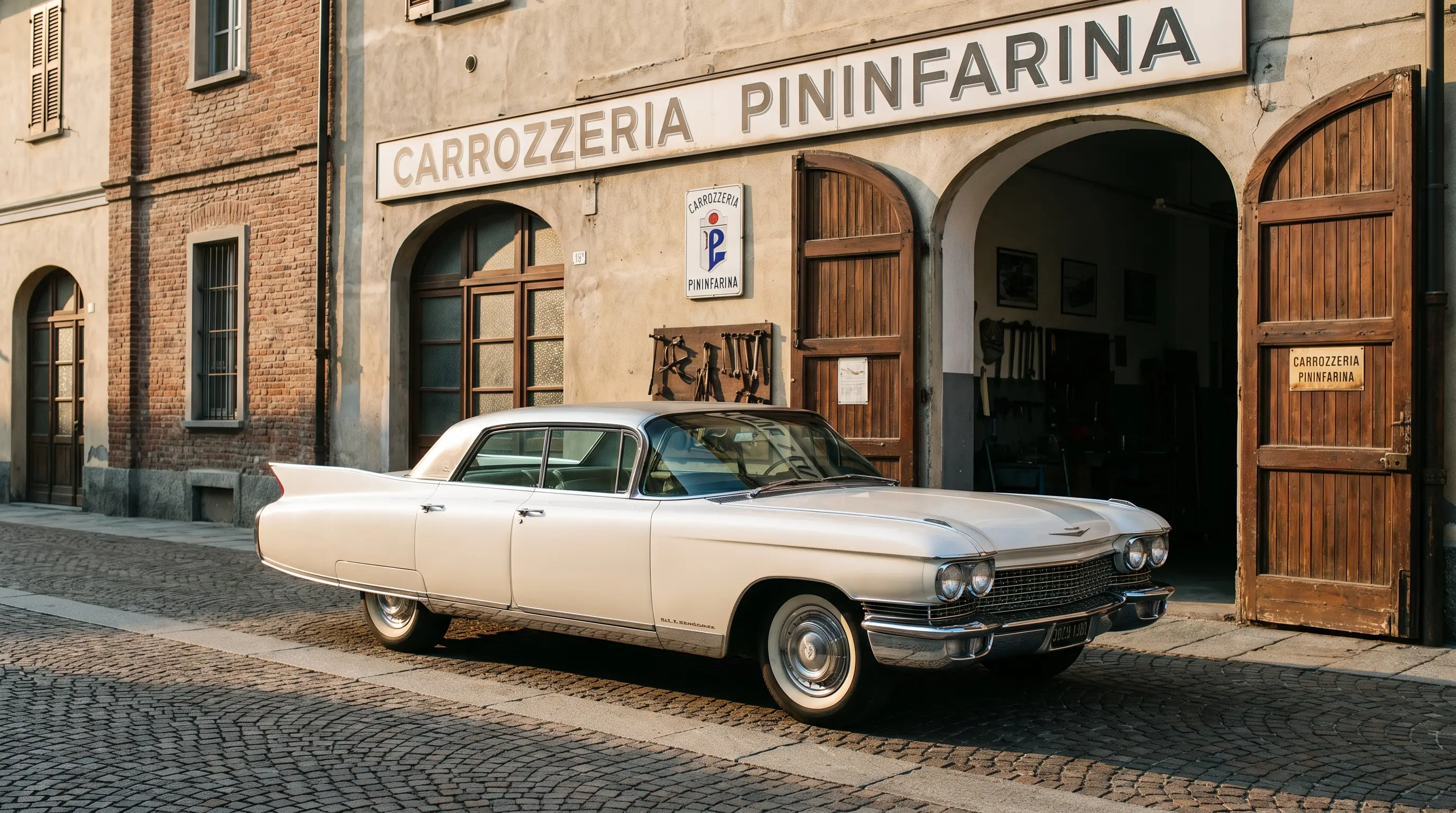 White 1960 Eldorado Brougham with stainless roof outside an Italian coachbuilding workshop