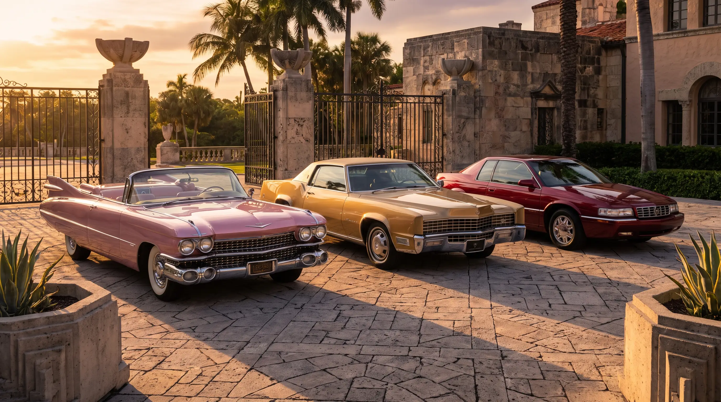 Three Cadillac Eldorado generations lined up showing tailfin, boxy, and sleek coupe design eras