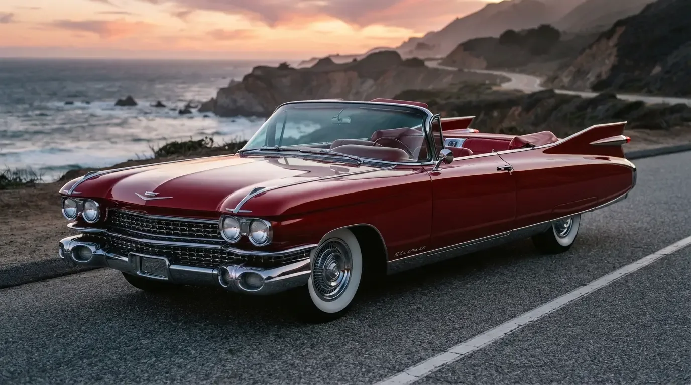 Classic Cadillac Eldorado tailfin design, three-quarter front view