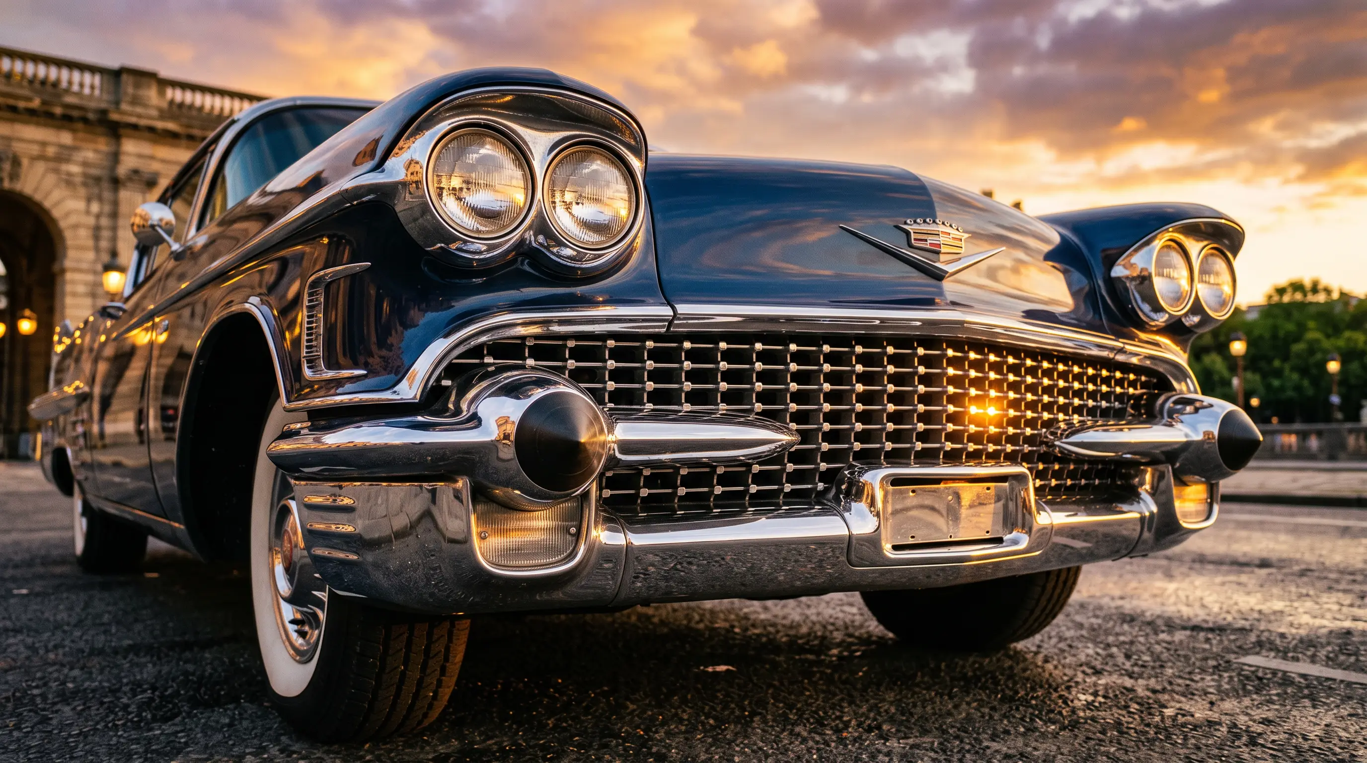 Close up of a Cadillac Eldorado chrome egg crate grille glinting at sunset