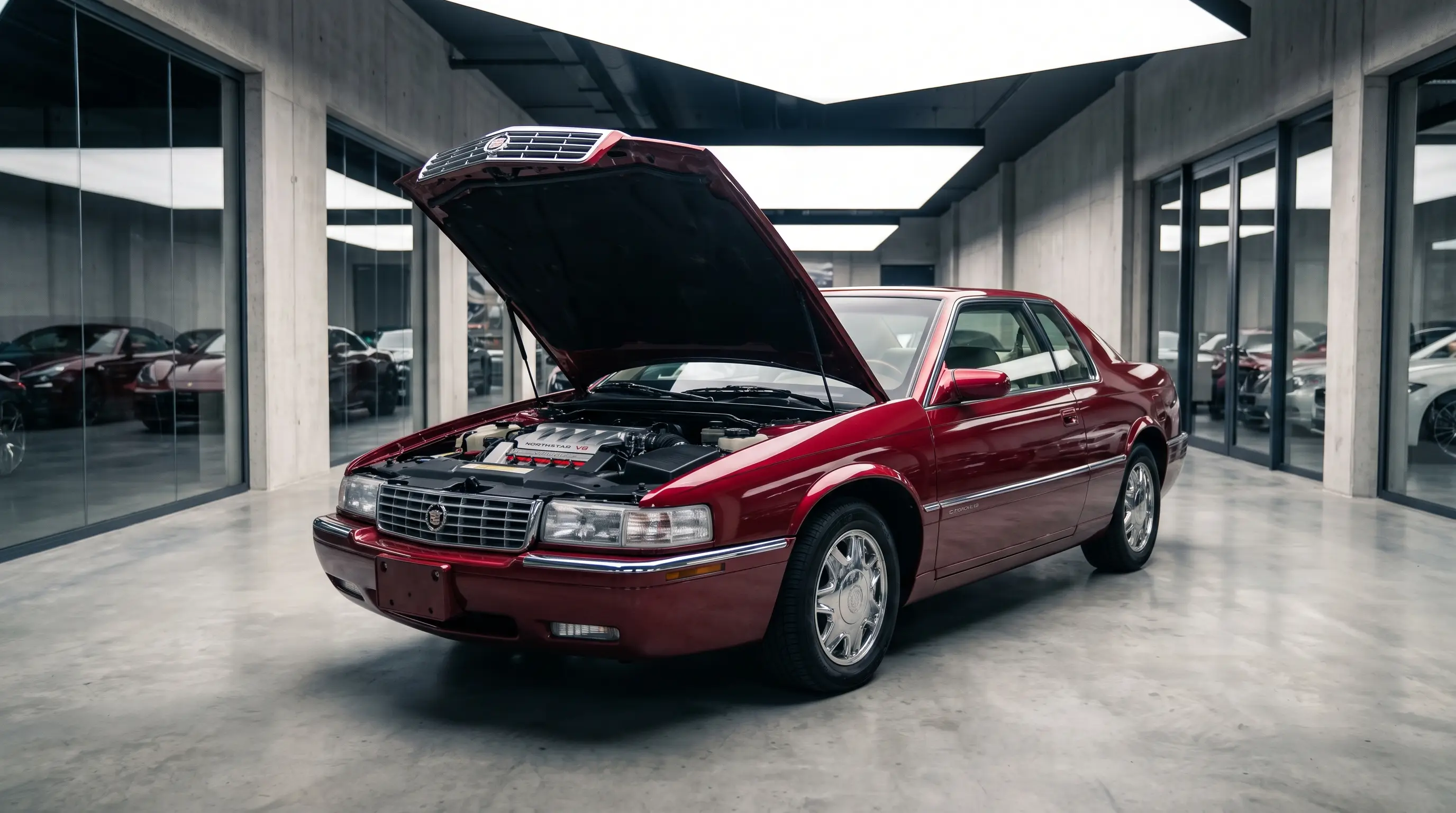 Maroon Cadillac Eldorado with open hood showing a Northstar V8 engine