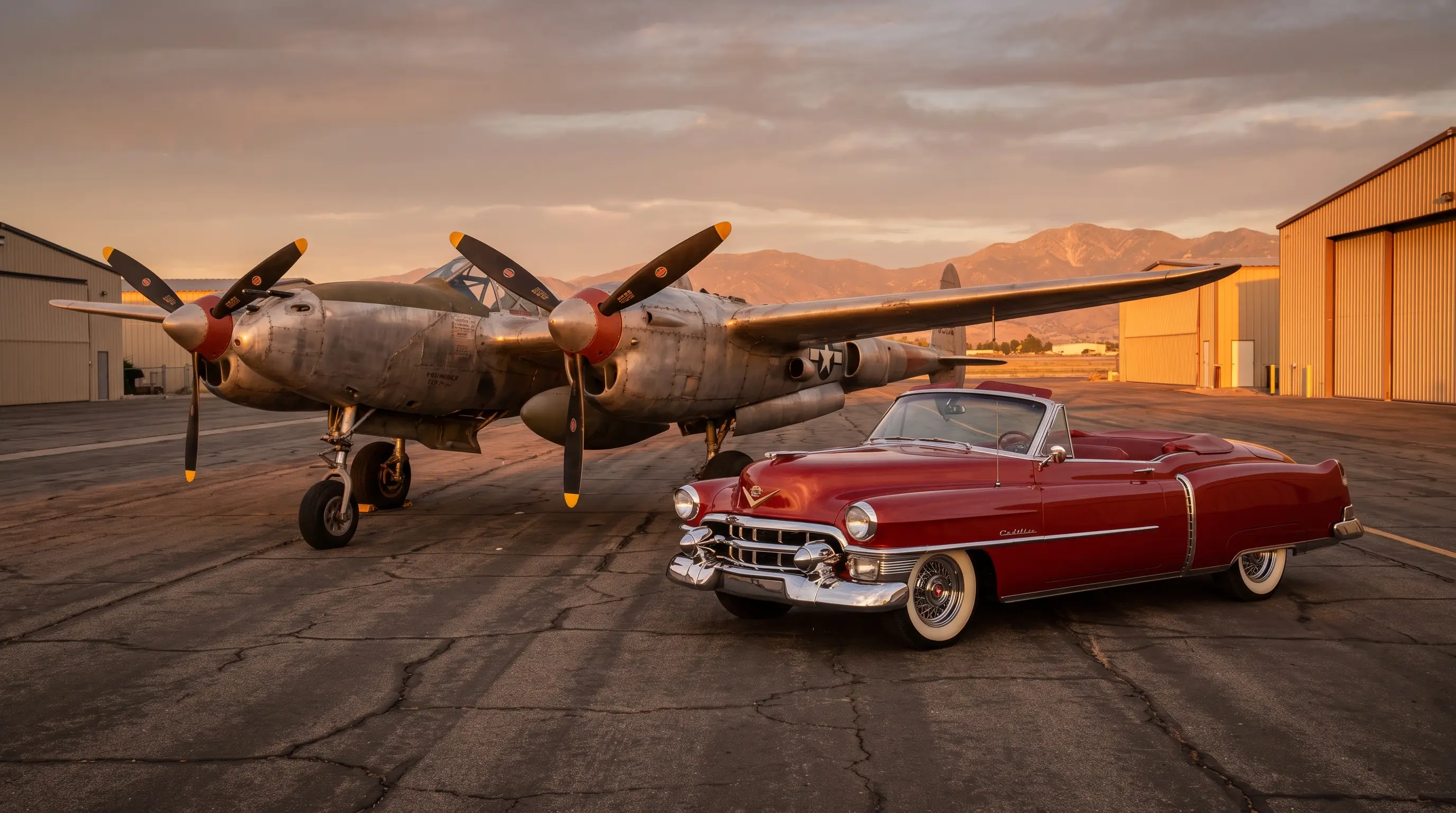 1953 Cadillac Eldorado convertible beside a vintage fighter plane on an airfield at golden hour