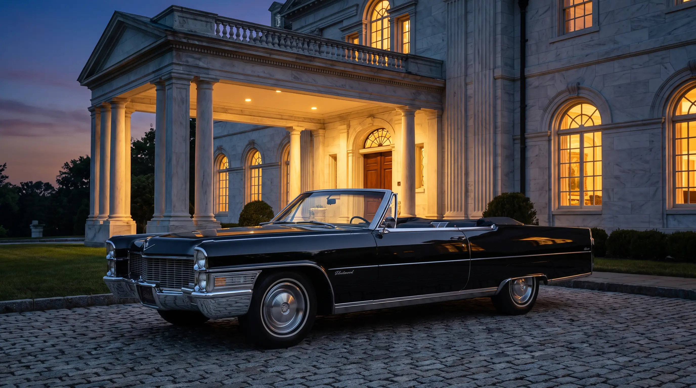 Black 1965 Cadillac Fleetwood Eldorado parked at a marble estate entrance at twilight