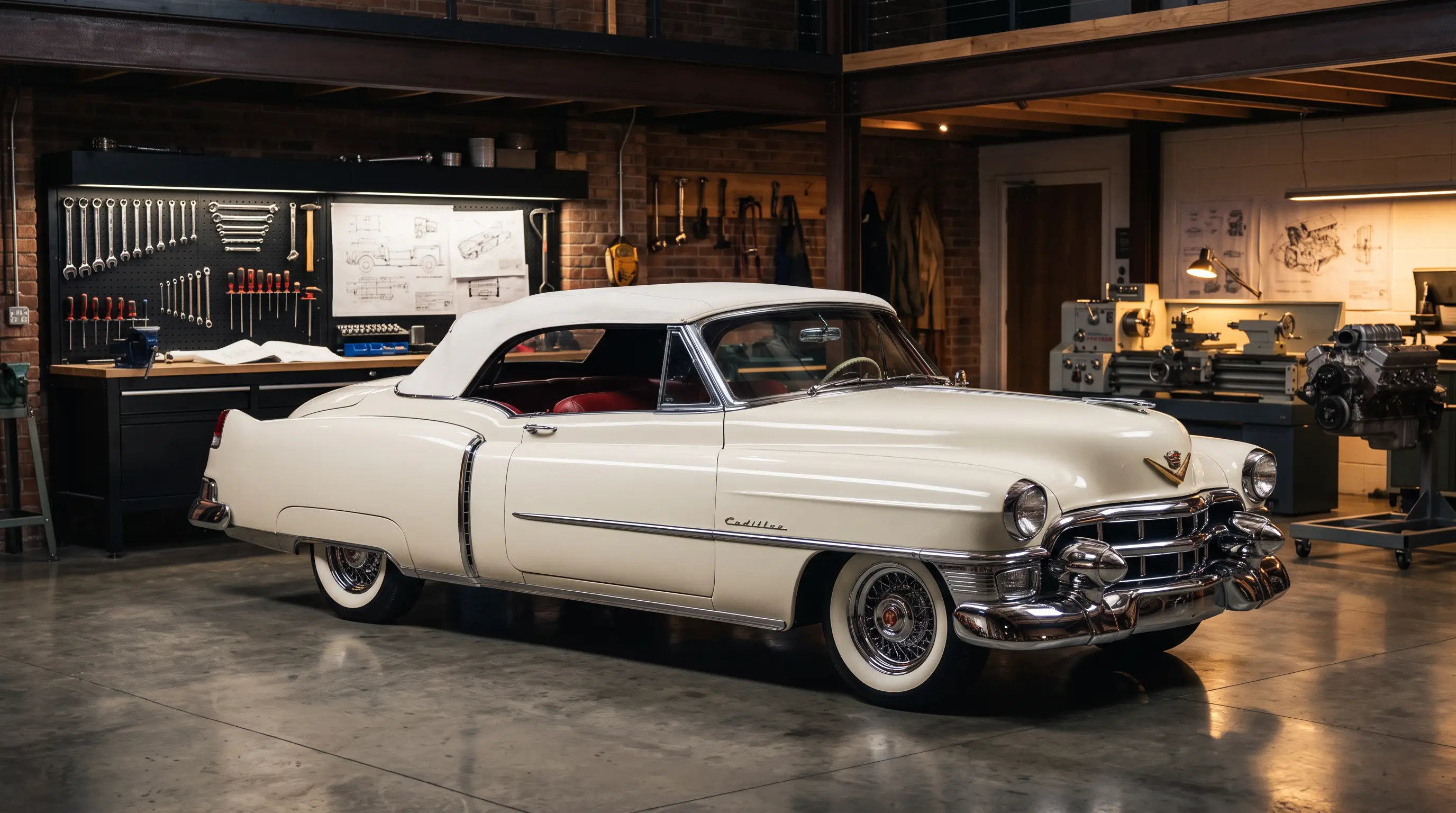 Cream 1953 Cadillac Eldorado convertible inside an engineering workshop