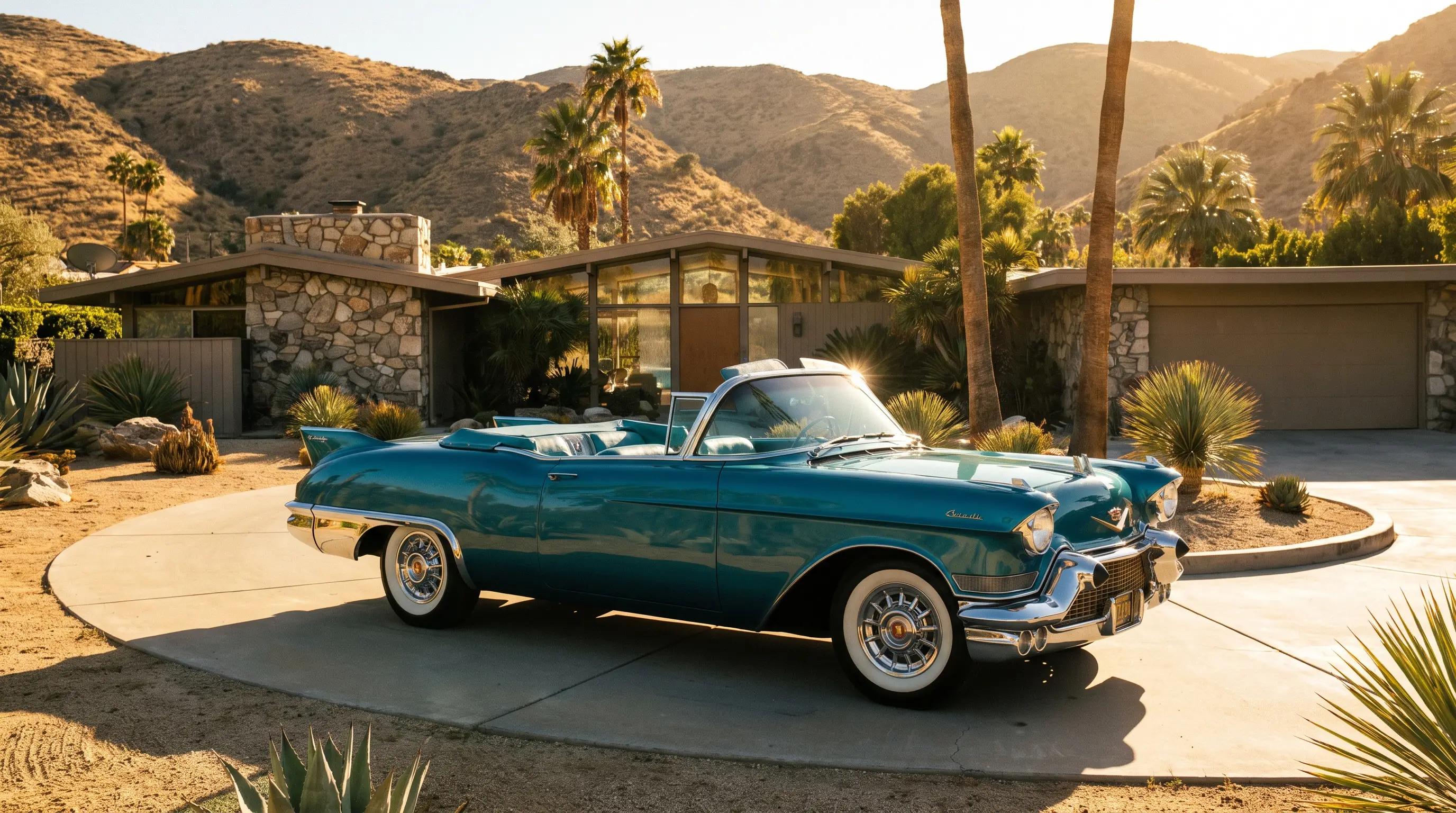 1957 Cadillac Eldorado Biarritz with tall tailfins outside a Hollywood estate at golden hour