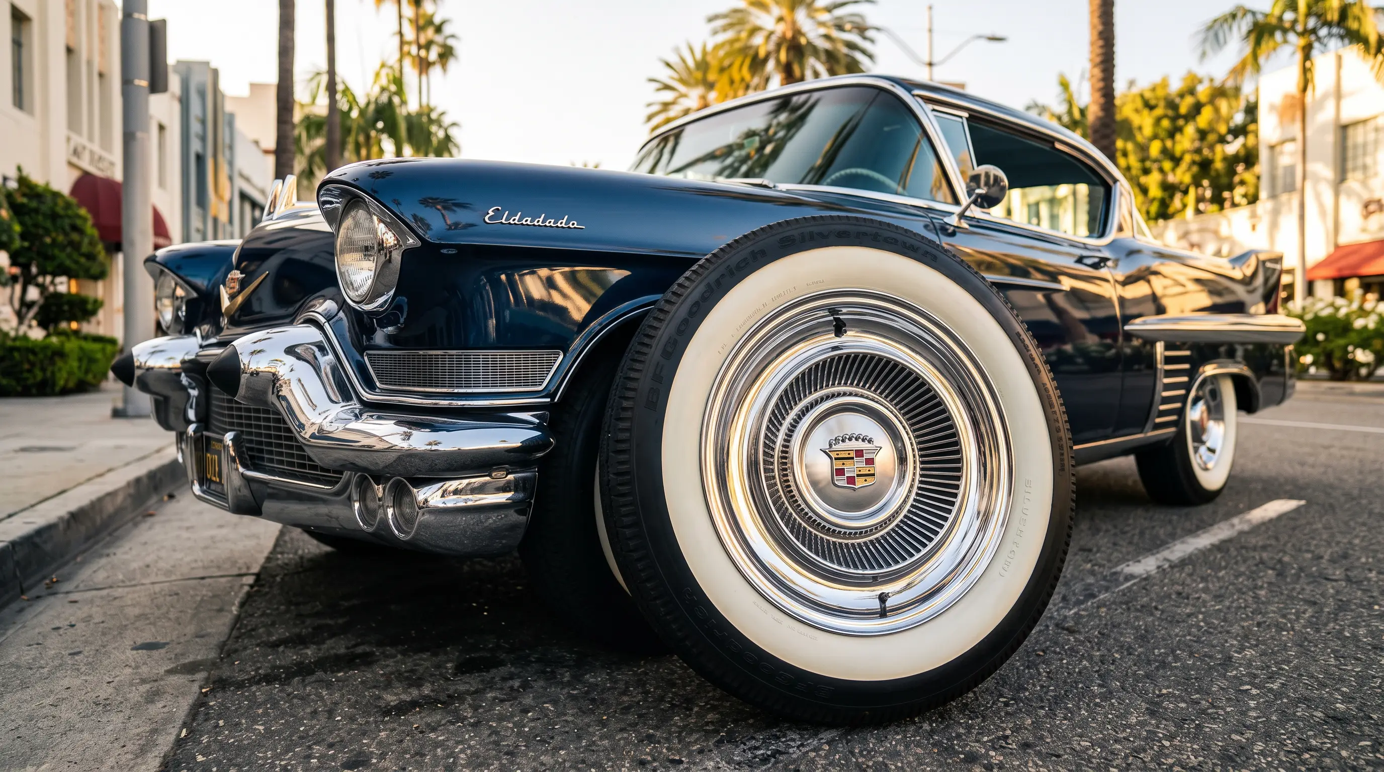 Cadillac Eldorado wheel with wide chrome sombrero hubcap on a sunlit boulevard