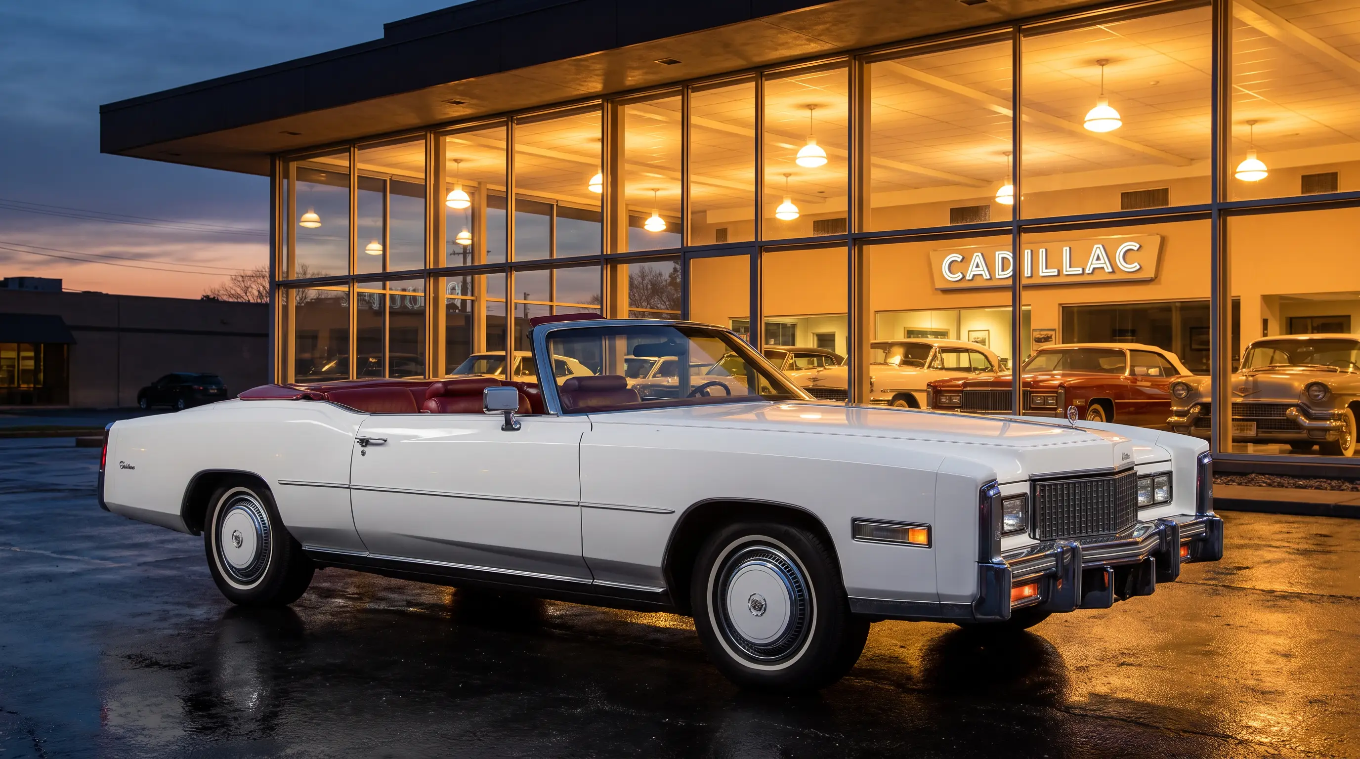 White 1976 Cadillac Eldorado convertible parked outside a dealership at dusk