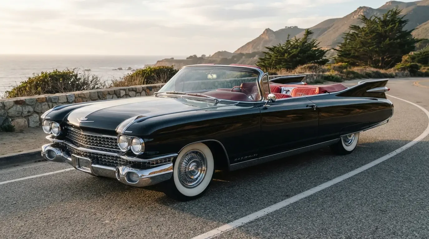 1959 Cadillac Eldorado Biarritz convertible with tailfins, front three-quarter view