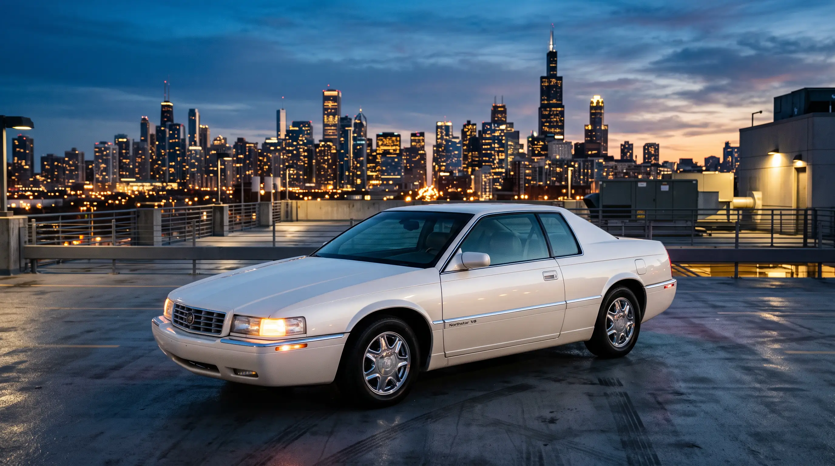 Pearl white 1990s Cadillac Eldorado with Northstar V8 badge on a city rooftop