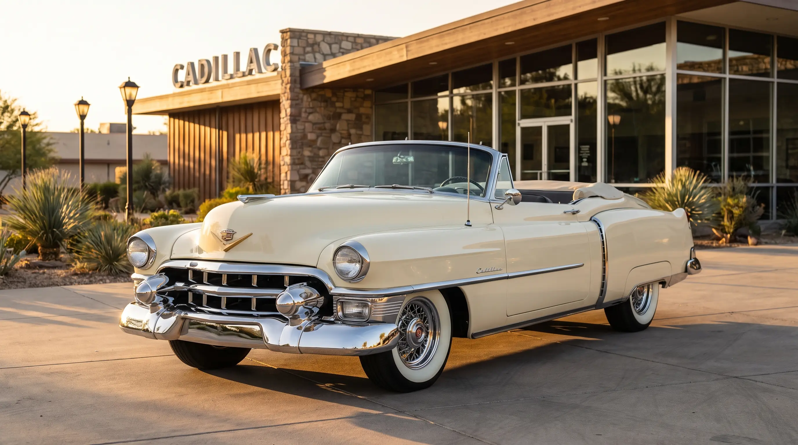 Cream 1953 Cadillac Eldorado convertible top down at a mid century showroom