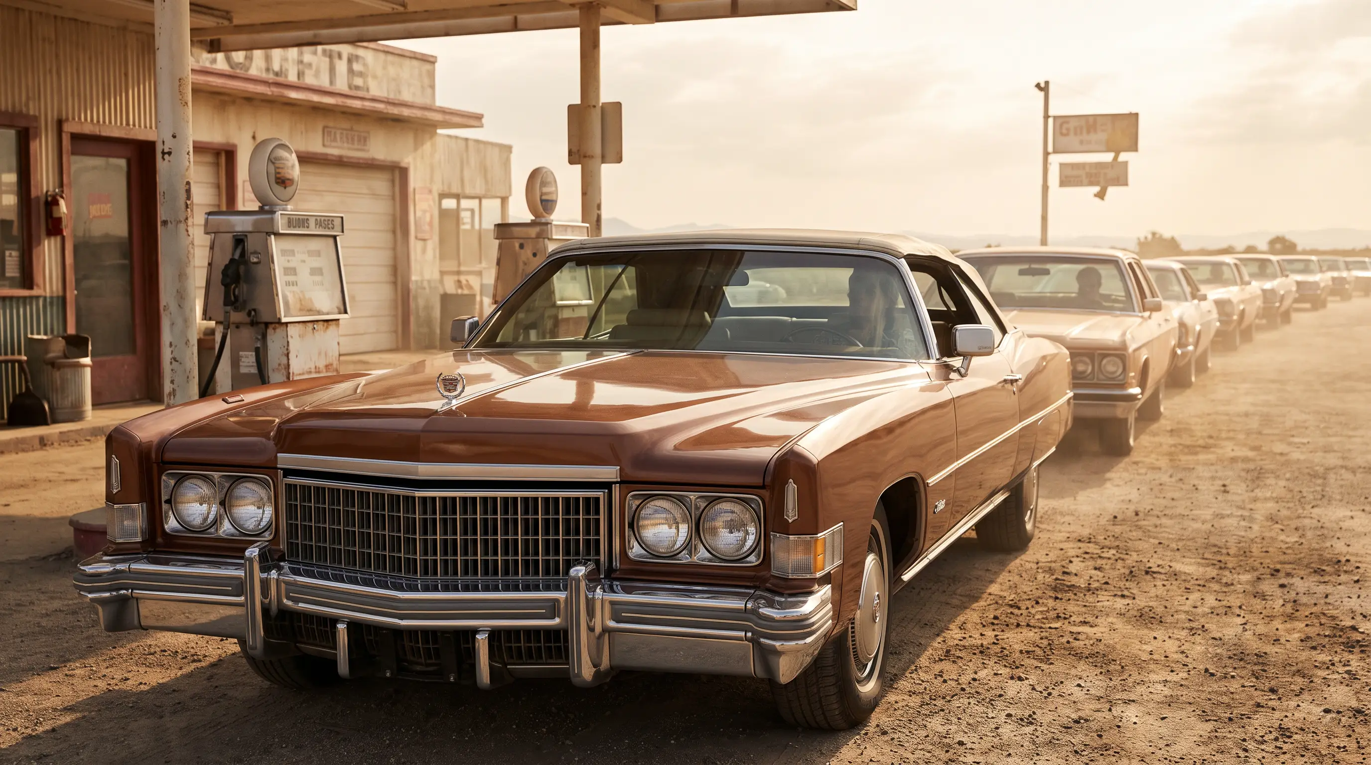 1973 Cadillac Eldorado convertible in bronze at a vintage gas station