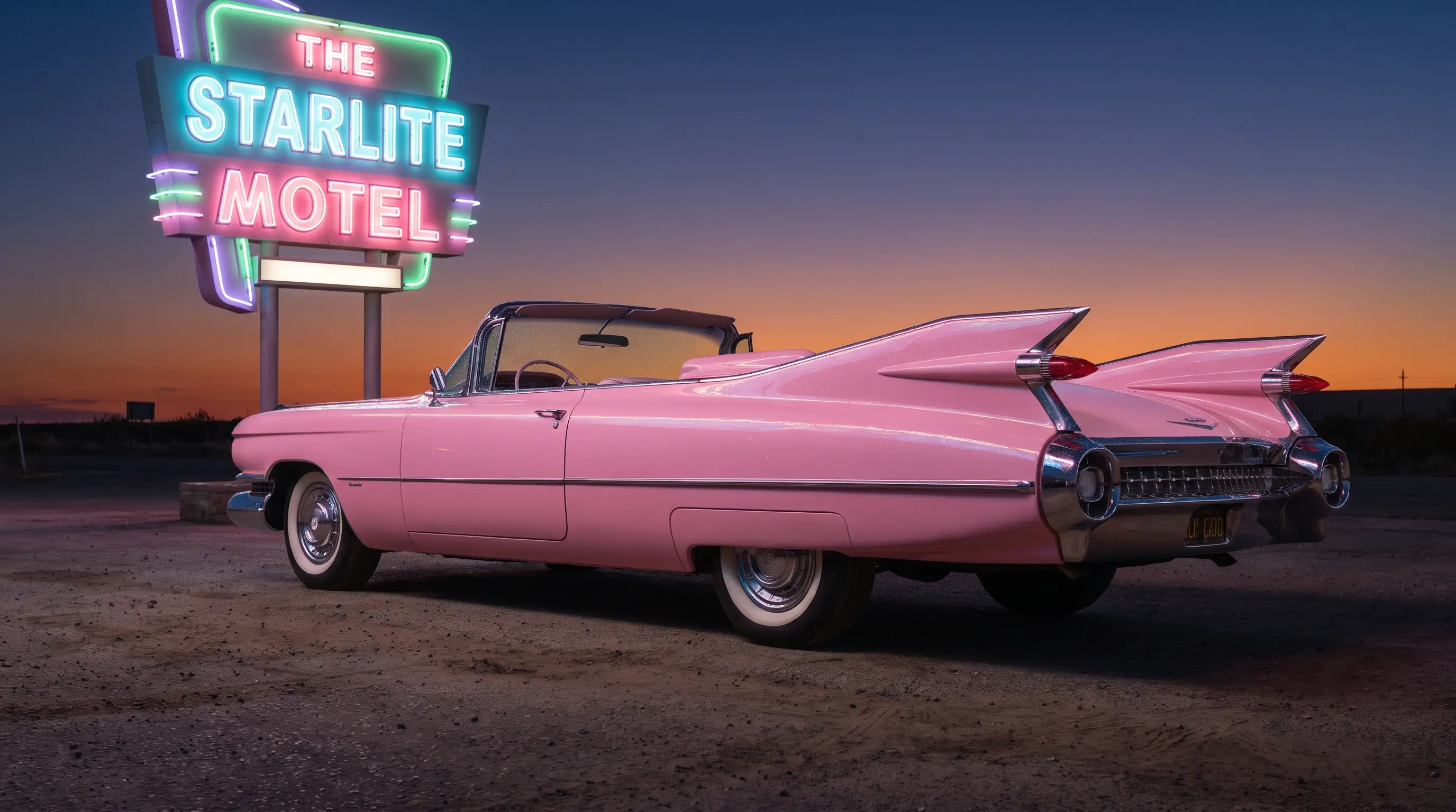 Pink 1959 Cadillac Eldorado convertible with tailfins in front of a retro motel sign