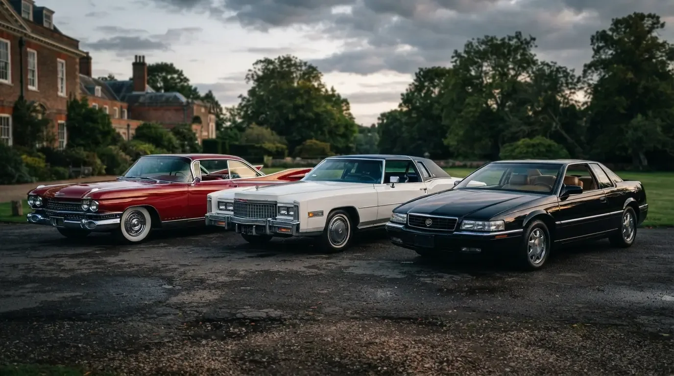 Cadillac Eldorado coupes from multiple decades lined up together, front three-quarter view