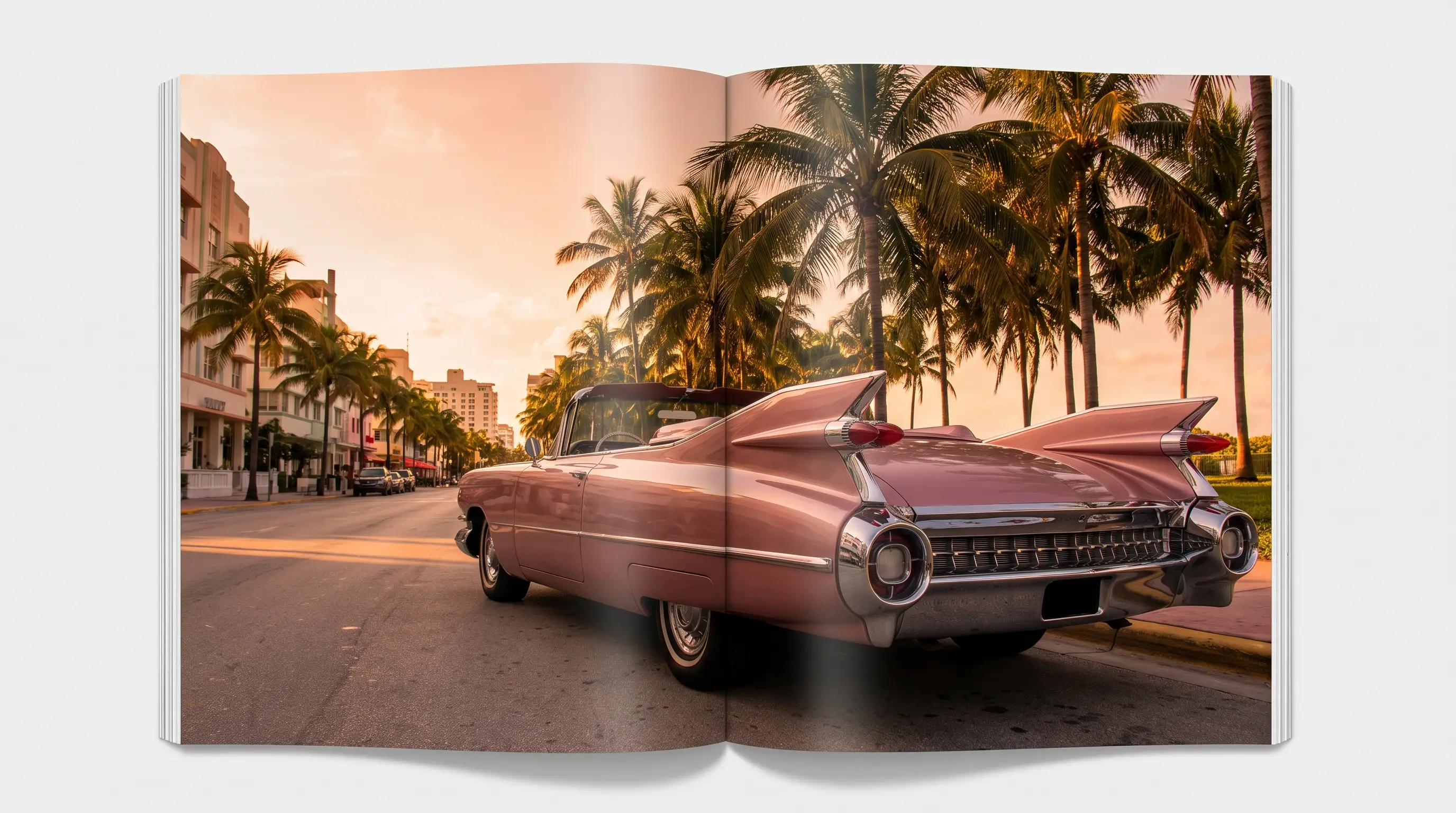 1959 Cadillac Eldorado with towering tailfins on a palm lined boulevard at golden hour